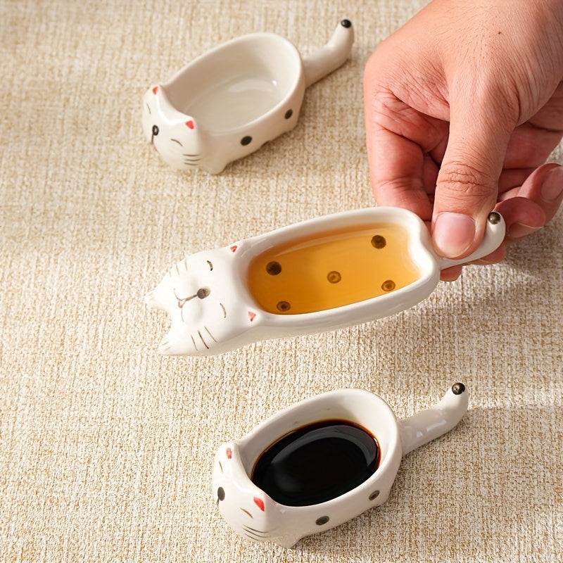 2Pcs/1Set Cat Ceramic Sauce Dish, Ins Japanese Style Cute Cat Multi-Functional Seasoning Tray 10*4.5cm/3.94*1.77in, Chopstick Rest, Small Plate for Snacks, Sushi, Soy Sauce Dip 13.5*4.5cm/5.31*1.77in