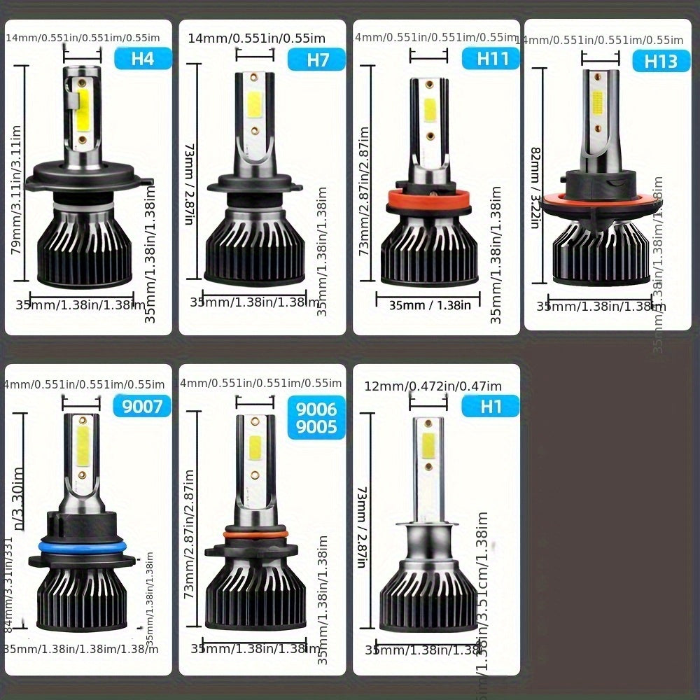 2-Pack High Brightness LED Headlight Bulbs, 35000 Lumens and 220W, Compatible with H1, H7, H11, 9005, 9006, H4, 9004, 9007 and H13 Sockets. Emits Bright 6000K White Light, Provides 300% More Brightness, Designed for Night Visibility
