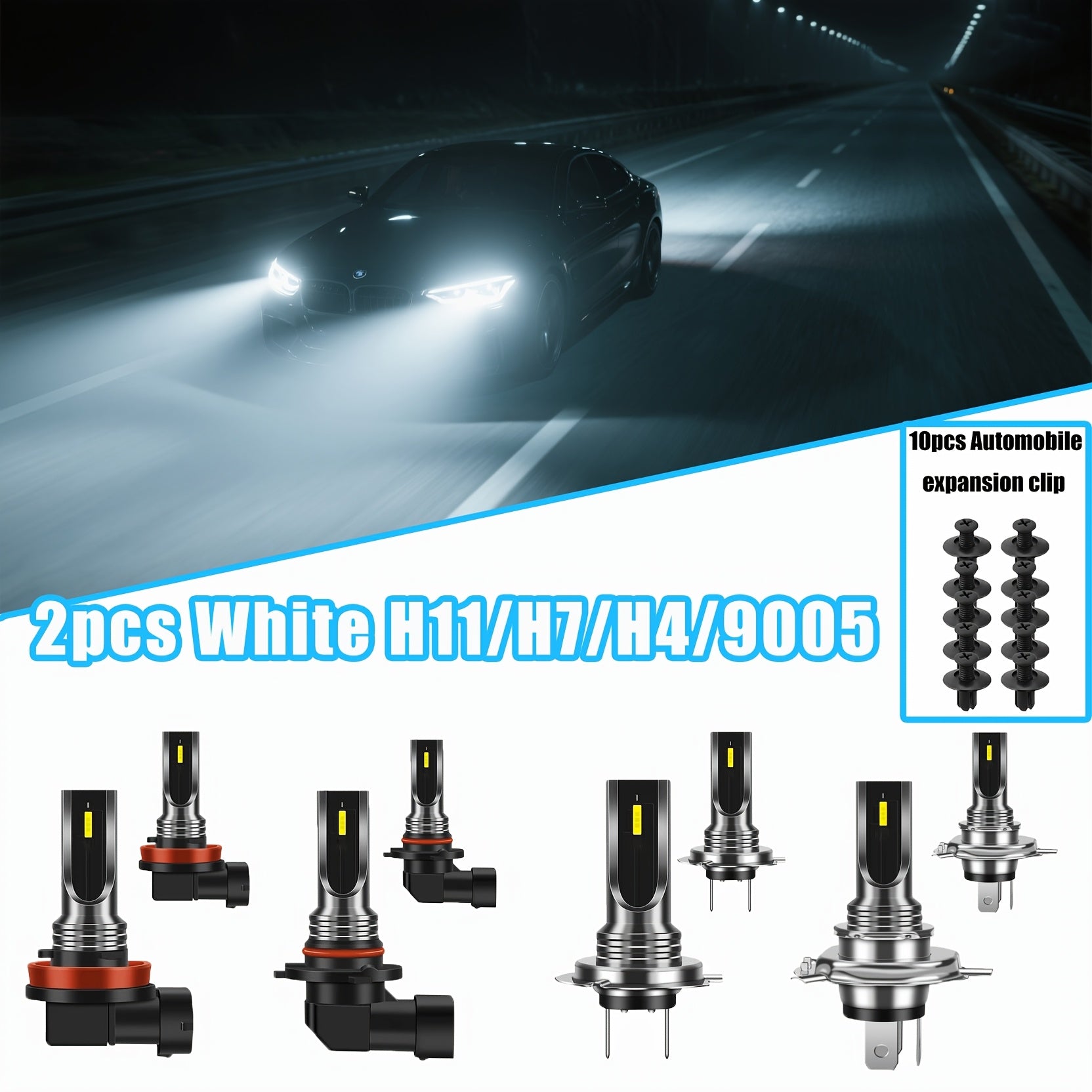 2-Pack Super Bright LED Bulb Combo Set, H4 H7 9005 H11 Fog Light and High/Low Beam, for Car and Motorcycle, with 10 Push-Type Retainer Clips Bumper Clips Auto Modification Parts
