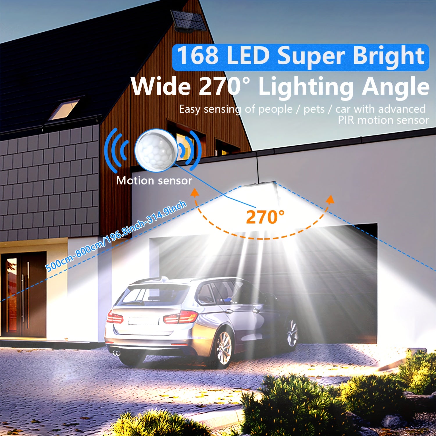 1/2 Pack Solar Outdoor Light, High Brightness Sensor Light with 168 LEDs, Garden Light with Remote Control, Street Light with 3 Lighting Modes, IP65, Security LED Floodlight with 16.5FT Cable, Suitable for Outdoor and Indoor Wall Light