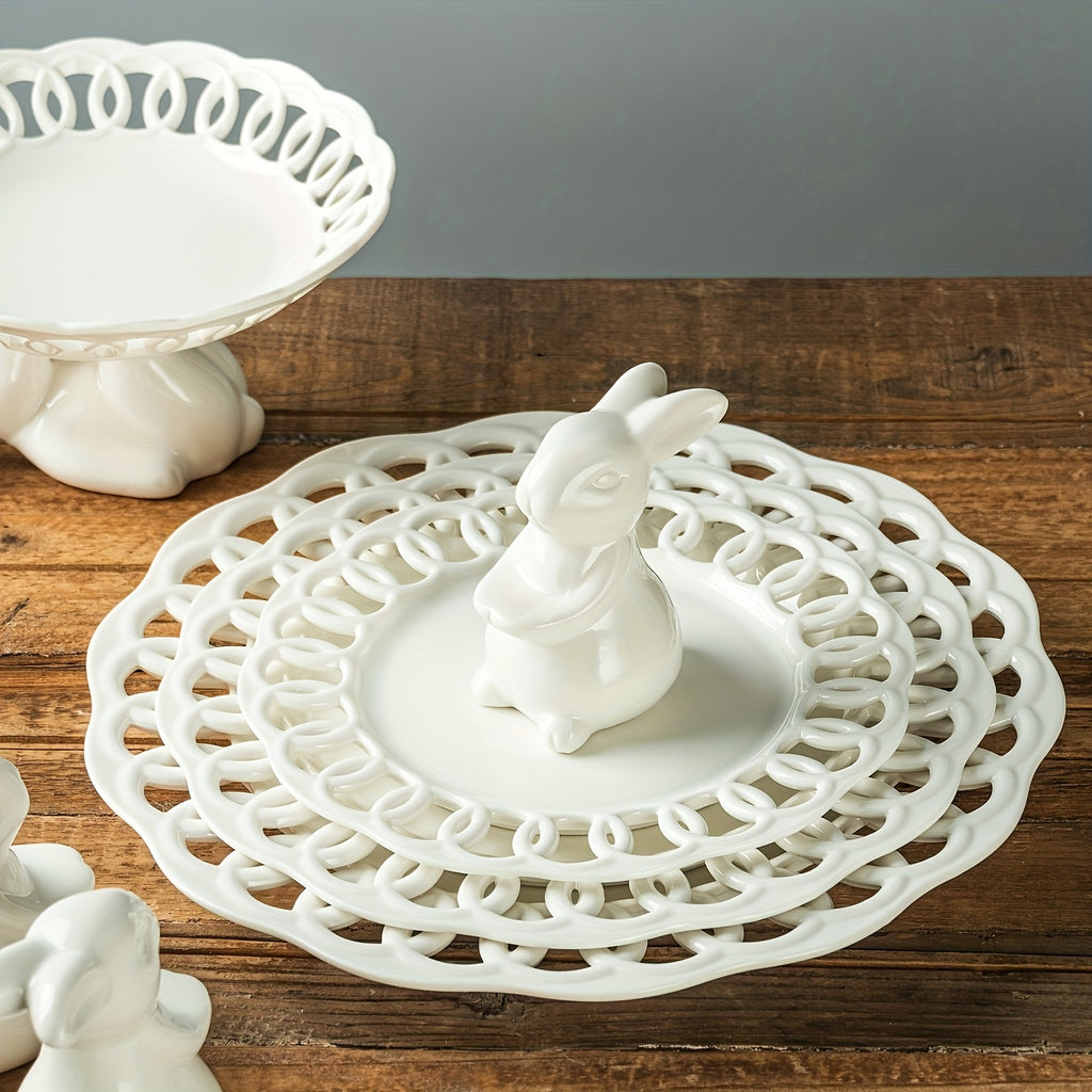 Ceramic Rabbit Cake Tray Dessert Stand Deep Fruit Plate, Ideal for All Kinds of Party Snack Trays, European Creative Decorative Storage Display Pierced Tray/ Fr: Plat à gâteau en céramique lapin, Support à desserts, Plat profond à fruits