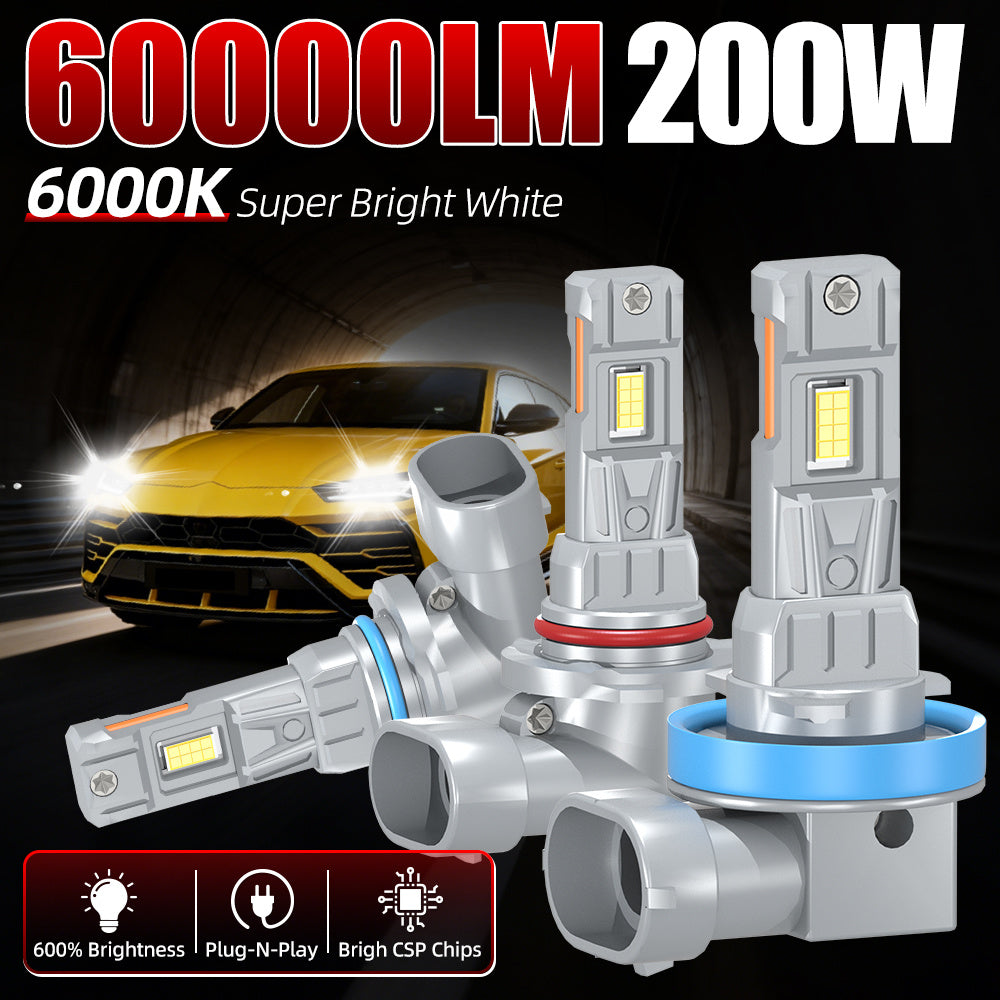 2-Pack LED Bulbs 6000K Super Bright White Light 60000 Lumens 200W Headlight H1/H4/H7/H11/9005/HB3/9006/HB4/9012 Universal, Fits Toyota, Nissan, Honda and Most Car Models, Copper Tube Design, No Decoding Errors