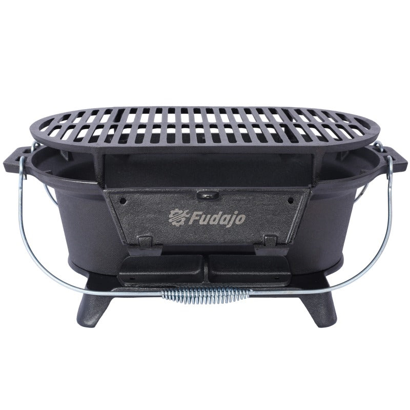 Oval Cast Iron Grill | Portable Charcoal Grill & Tabletop Griddle – 100% Painted Cast Iron, Durable, Small Camping Stove Hot Pot Grill