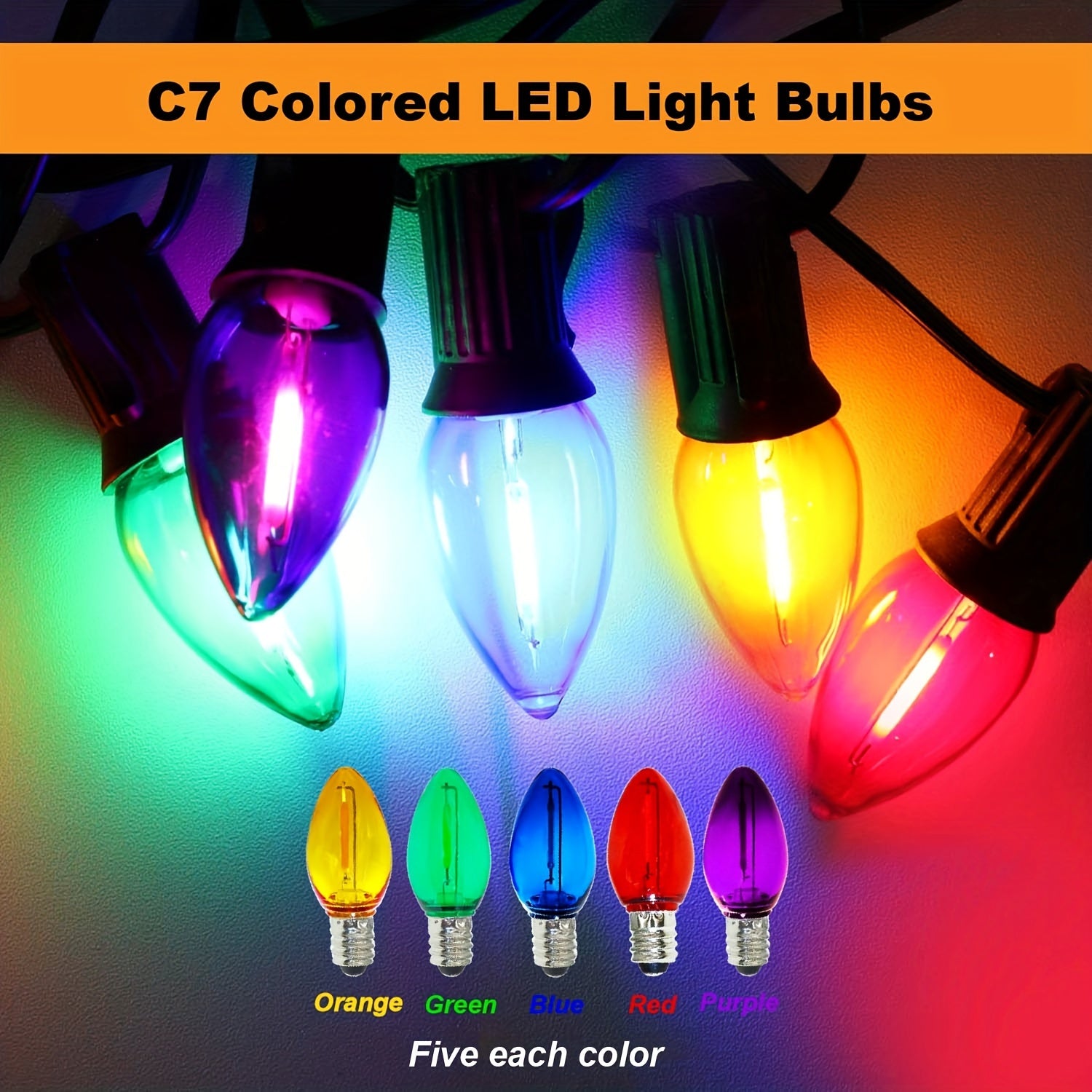 25个C7 LED圣诞灯泡套装，防碎，适用于室内串灯，采用E12烛台灯座