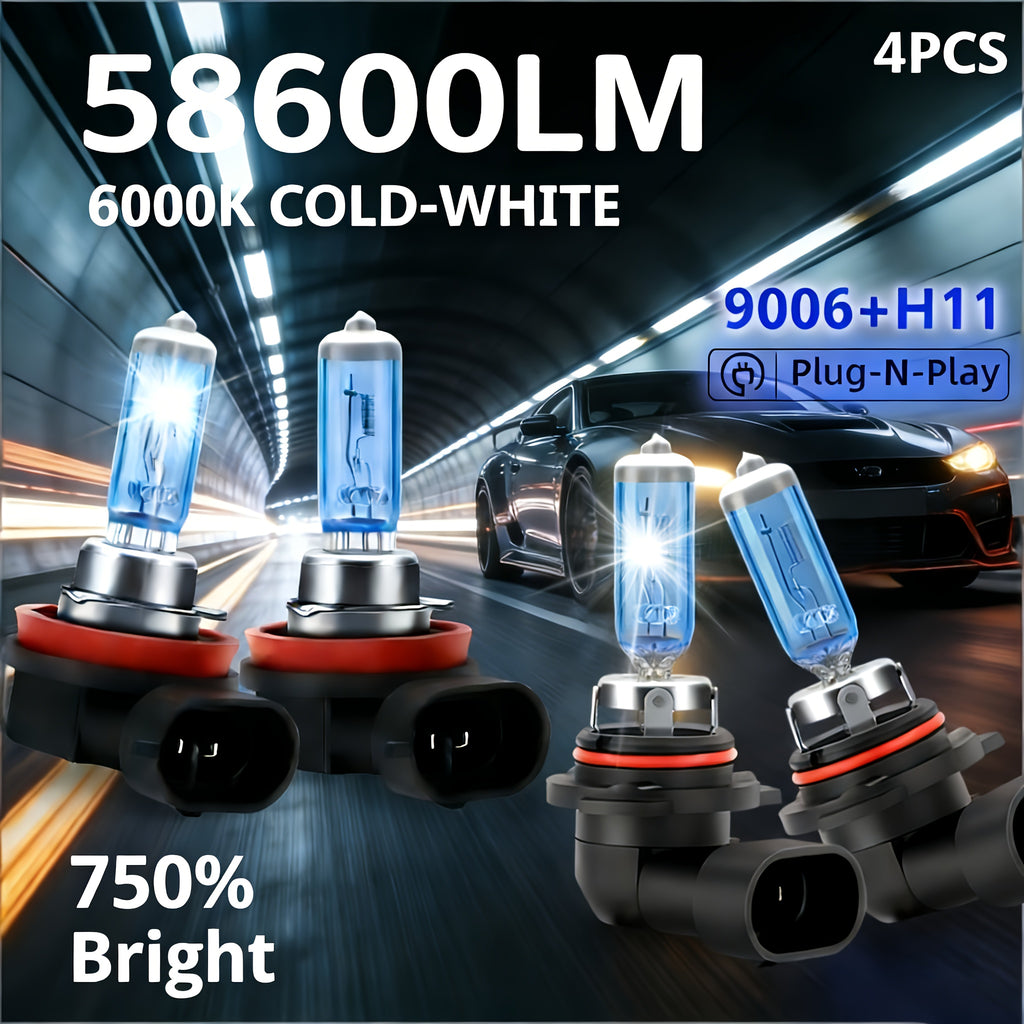 4只装LED汽车大灯，明亮即插即用6000K白光，适配9005/9006/H7/H1/H4/H11接口，总光通量58600流明，远近光一体雾灯，快速散热，360°光束角度，超亮聚光灯，亮度提升750%