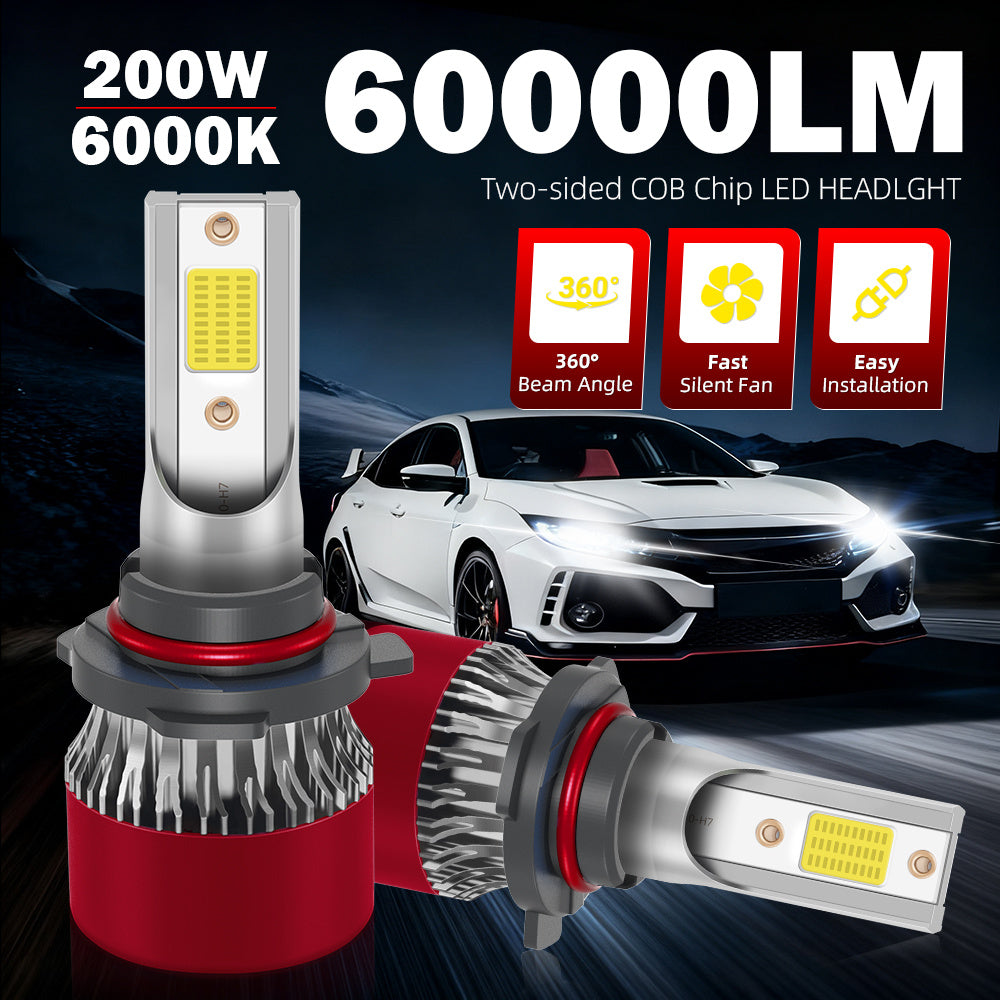 2只装LED汽车大灯 200瓦 6000K色温 60000流明 H1 H7 H11 9005 9006 H4 9007 H13双面COB芯片 LED灯泡 带散热风扇 持久耐用 增强照明 即插即用 适配多数车型