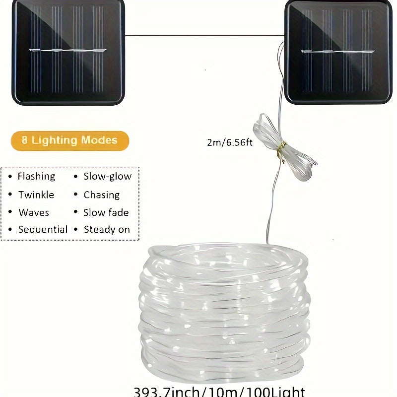 1 件 100 个 LED 太阳能管灯串，8 种模式，户外铜线 LED 灯，用于花园装饰灯、婚礼、派对、圣诞树、万圣节、节日装饰、照明（100 个 LED，393.7 英吋/33 英尺）