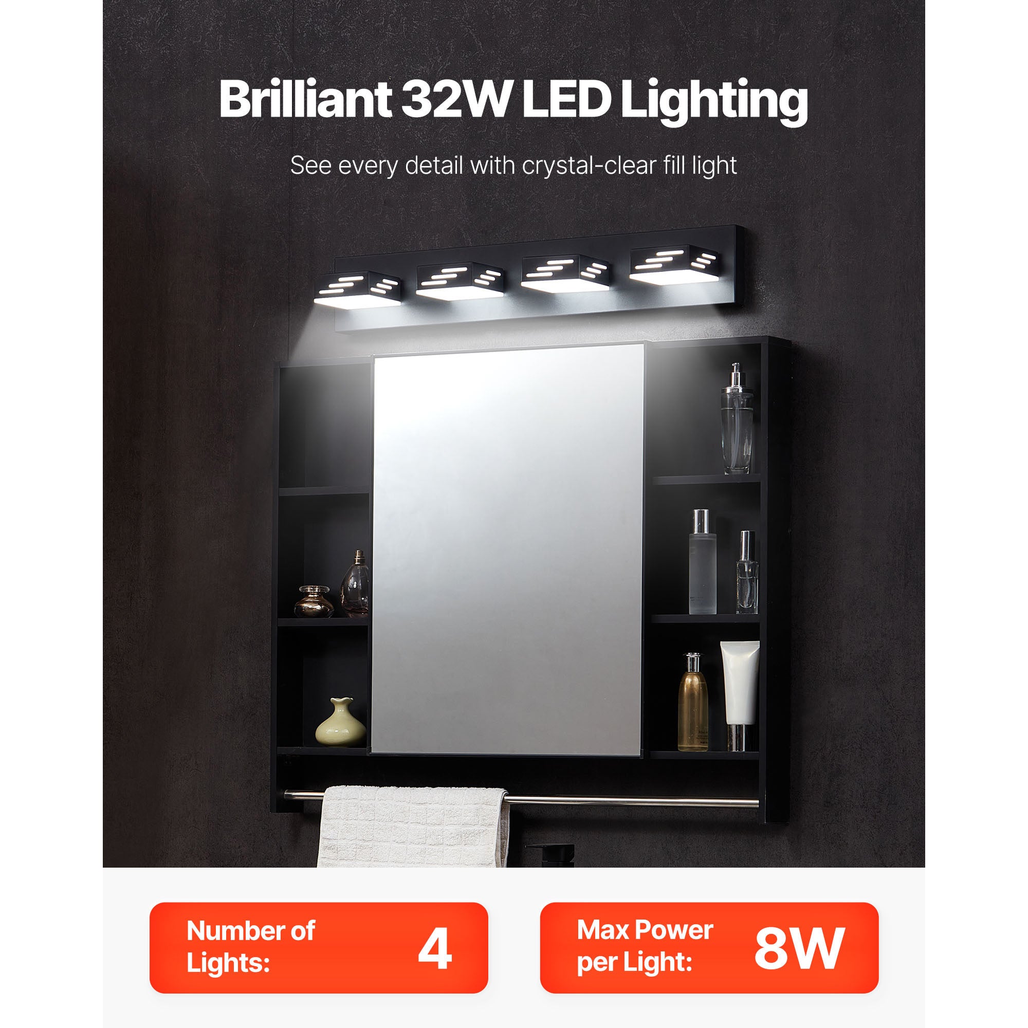 VEVOR 3/4/5/6-Light LED Modern Bathroom Wall Lamp 19.69/25.6/33.5/40.2-Inch Wall Light