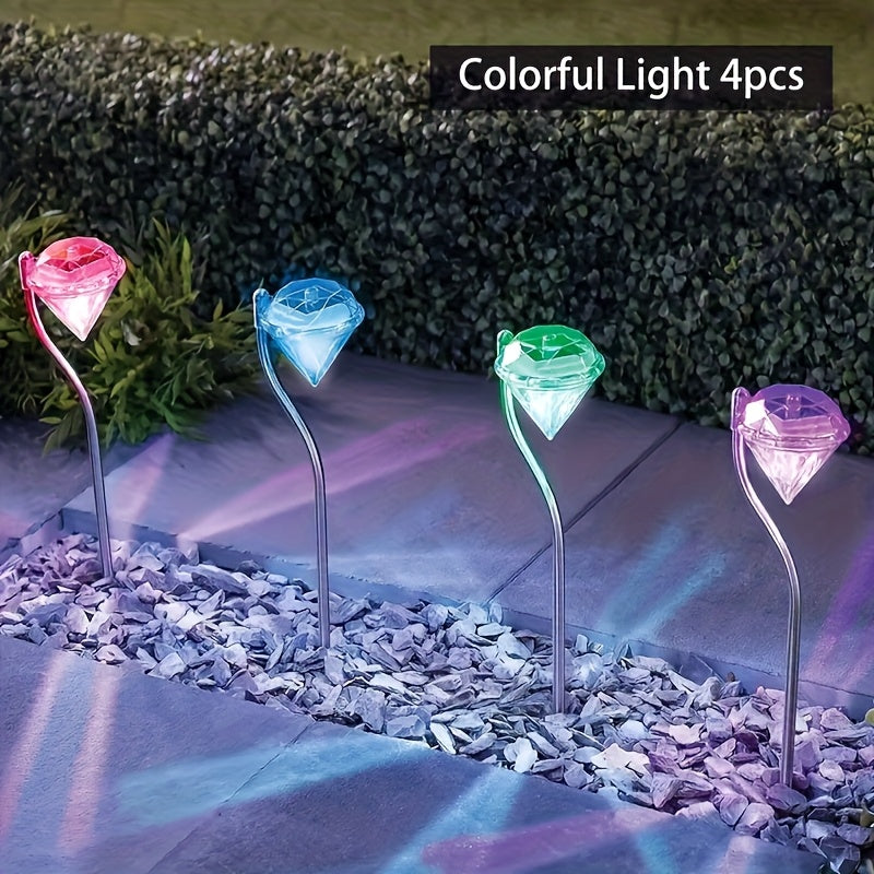 4 Pack Solar Diamond Shape Light Set, Designed for Outdoor Use with Rainproof Function. These LED Lawn Lights Feature Simple Semi-Flush Mount Installation with Stainless Steel Tube.