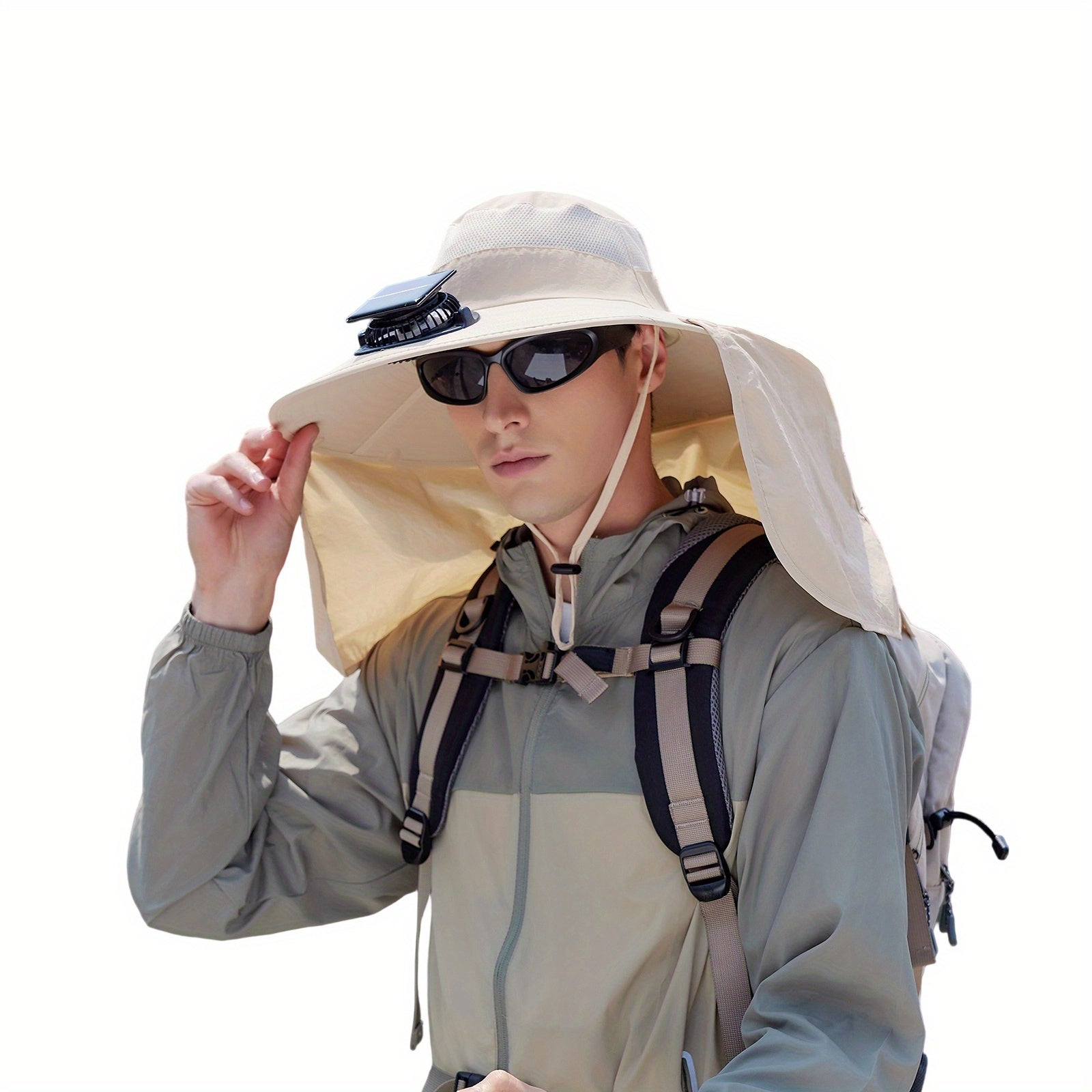 Men's Solar Cooling Hat - Wide Brim UPF Sun Protection Hat, Lightweight Beige/Orange Outdoor Travel Camping Hat with Lanyard, Hands-Free, Hiking Gear, Fashion Headwear, Comfortable Fit