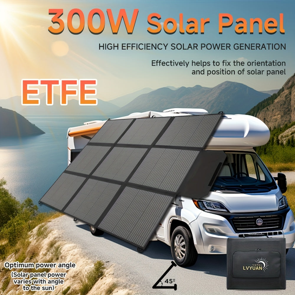 LVYUAN 可攜式太陽能板，提供 120W、200W、300W 和 400W 的選項，採用可折疊設計和高效單晶太陽能電池，效率高達 22.5%，非常適合戶外活動、船隻、露營