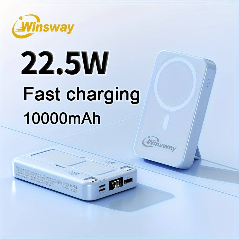 Winsway 10000mAh 磁吸無線行動電源，22.5W 快速充電行動電源，包含 Type-C 資料線、USB 連接埠、LED 螢幕和可折疊支架，適合送給 Iphone 和 Android 裝置的聖誕禮物