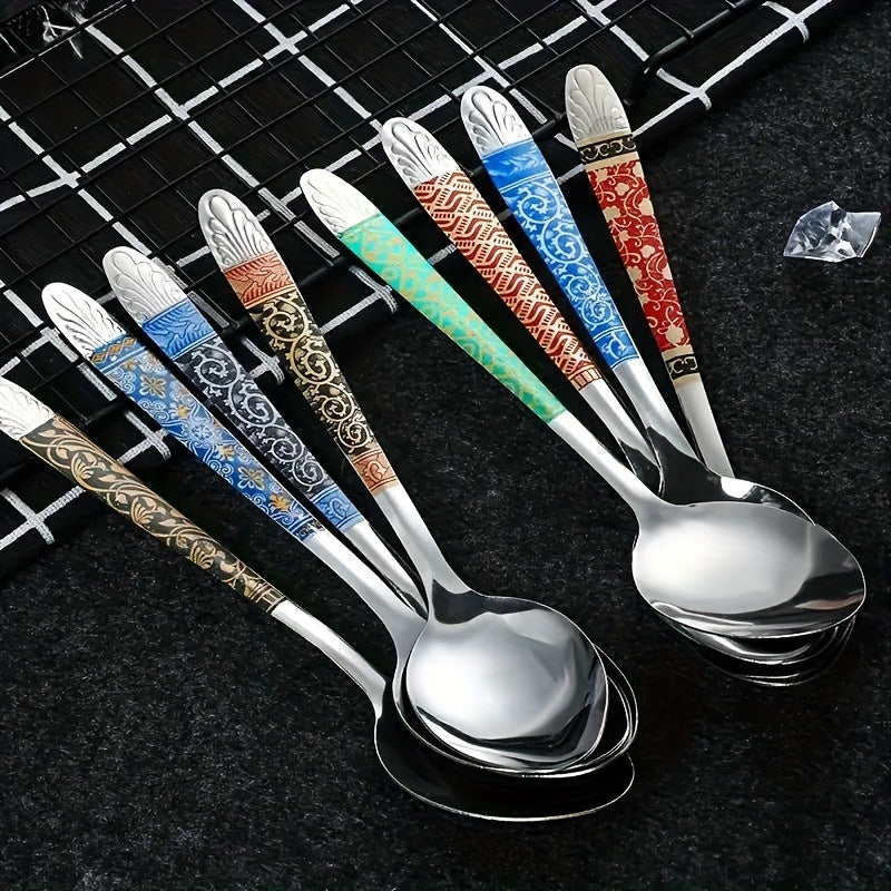 10-Piece Set Multi-Color Stainless Steel Retro Printed Soup Spoon – Elegant Cutlery Set, Sturdy & Durable, Easy to Clean, Simple Milk Spoon, Modern Stirring Spoon, Reusable Spoons