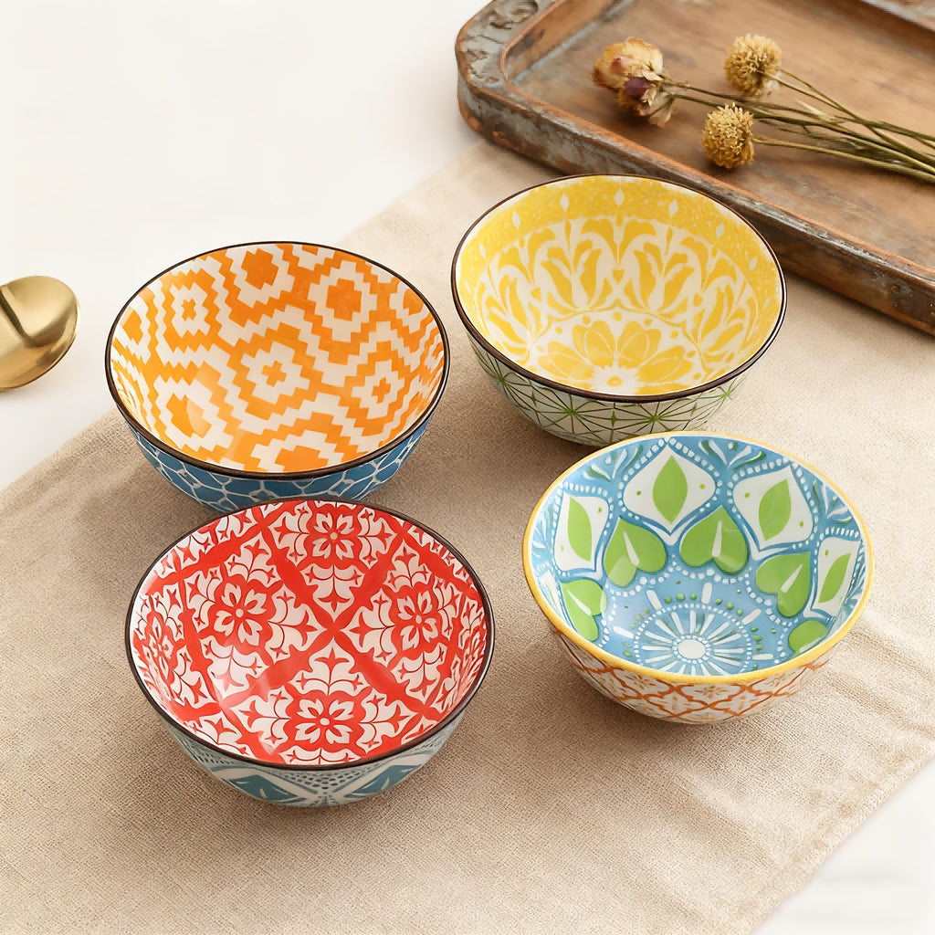 4-Piece Bohemian Style Ceramic Salad Bowls, 4.8-Inch Colorful Kitchen Bowl Set – Great Gift for Family & Friends – Can Be Used as Fruit Bowl, Salad Bowl, Cereal Bowl, Rice Bowl, etc. – Dishwasher & Microwave Safe