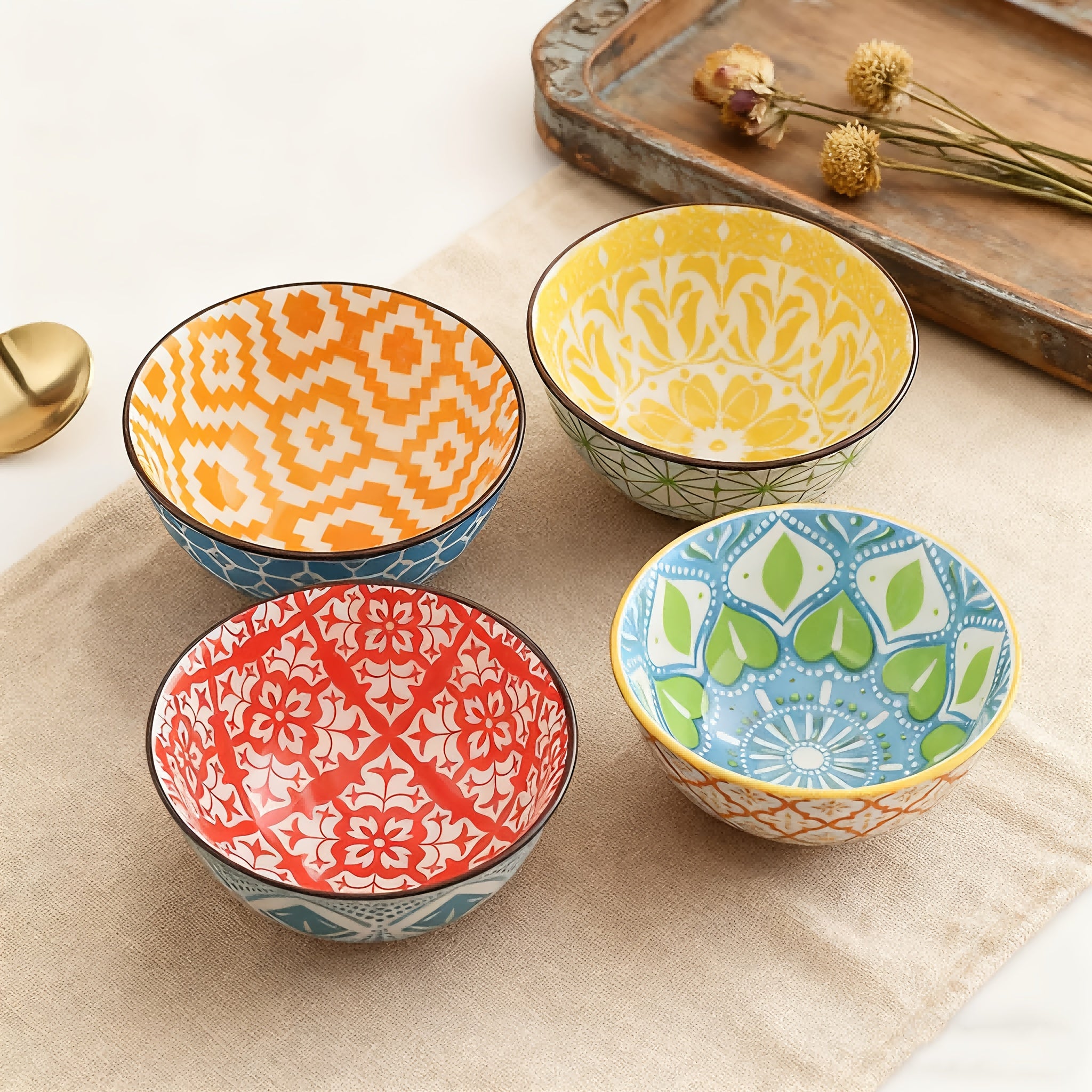 4-Piece Bohemian Style Ceramic Salad Bowls, 4.8-Inch Colorful Kitchen Bowl Set – Great Gift for Family & Friends – Can Be Used as Fruit Bowl, Salad Bowl, Cereal Bowl, Rice Bowl, etc. – Dishwasher & Microwave Safe