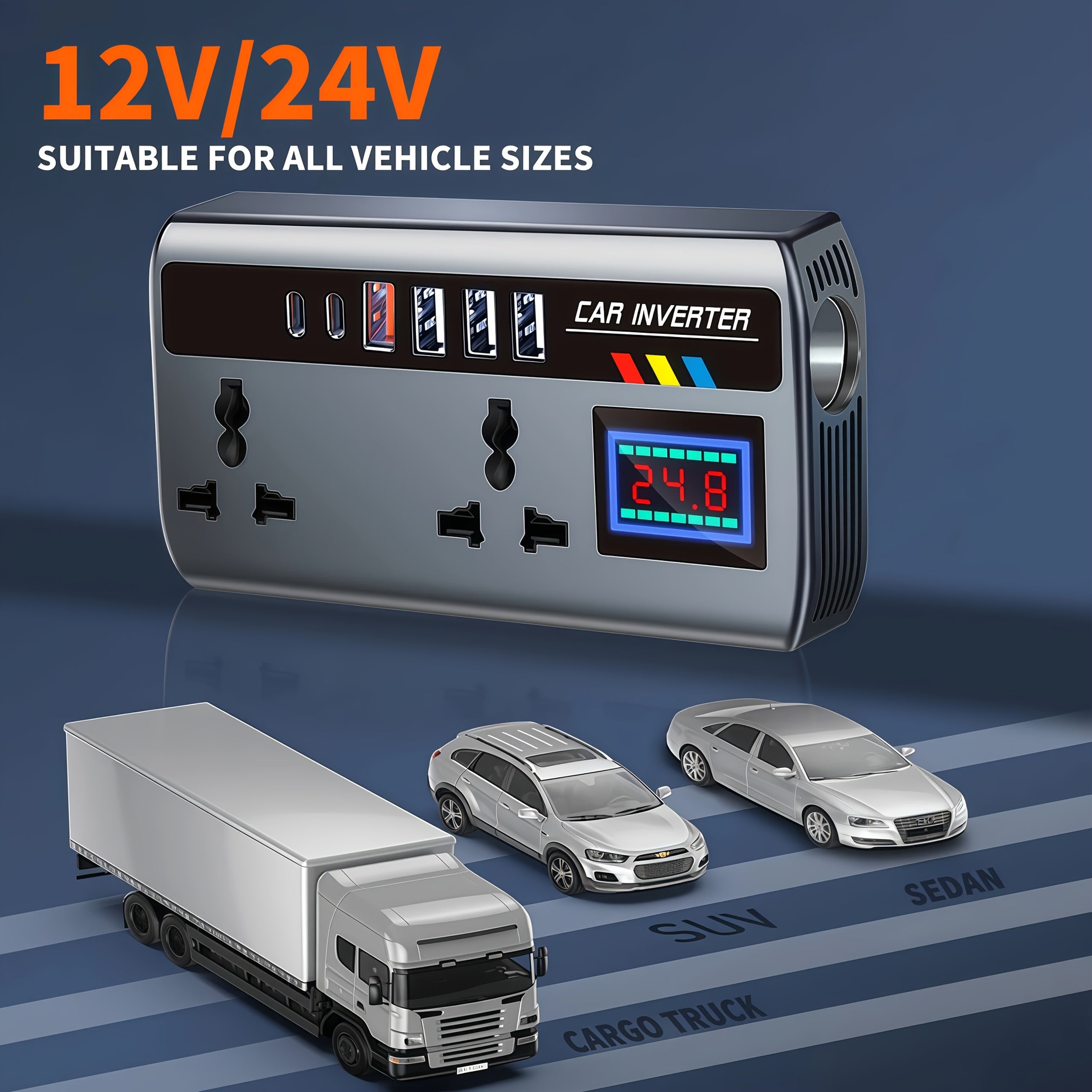200W车载电压转换器逆变器，从DC 12V/24V到AC 220V，双通用插座+6个USB端口，数字电压显示，智能快速充电和大功率变压器-适用于汽车、卡车和SUV