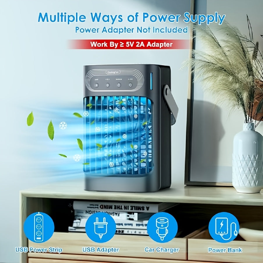 Upgraded 10W Portable Cooling Fan & Evaporative Air Cooler, 3-in-1 Function, 3 Wind Speeds, 7 LED Lights, 3 Cooling Mist Modes, 2–8 Hours Timer, Personal Mini Compact Air Conditioner
