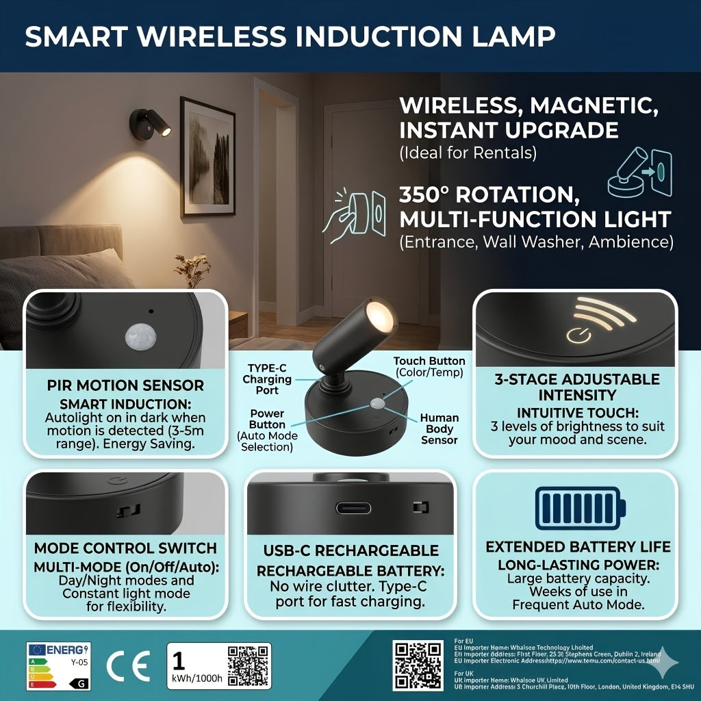 Whole House Light & Shadow Magician | Magnetic Rotating Sensor Spotlight, Touch Stepless Dimming, Night Sensor Lights Up Automatically When People Approach, Creates Small Hill Wall Wash Effect