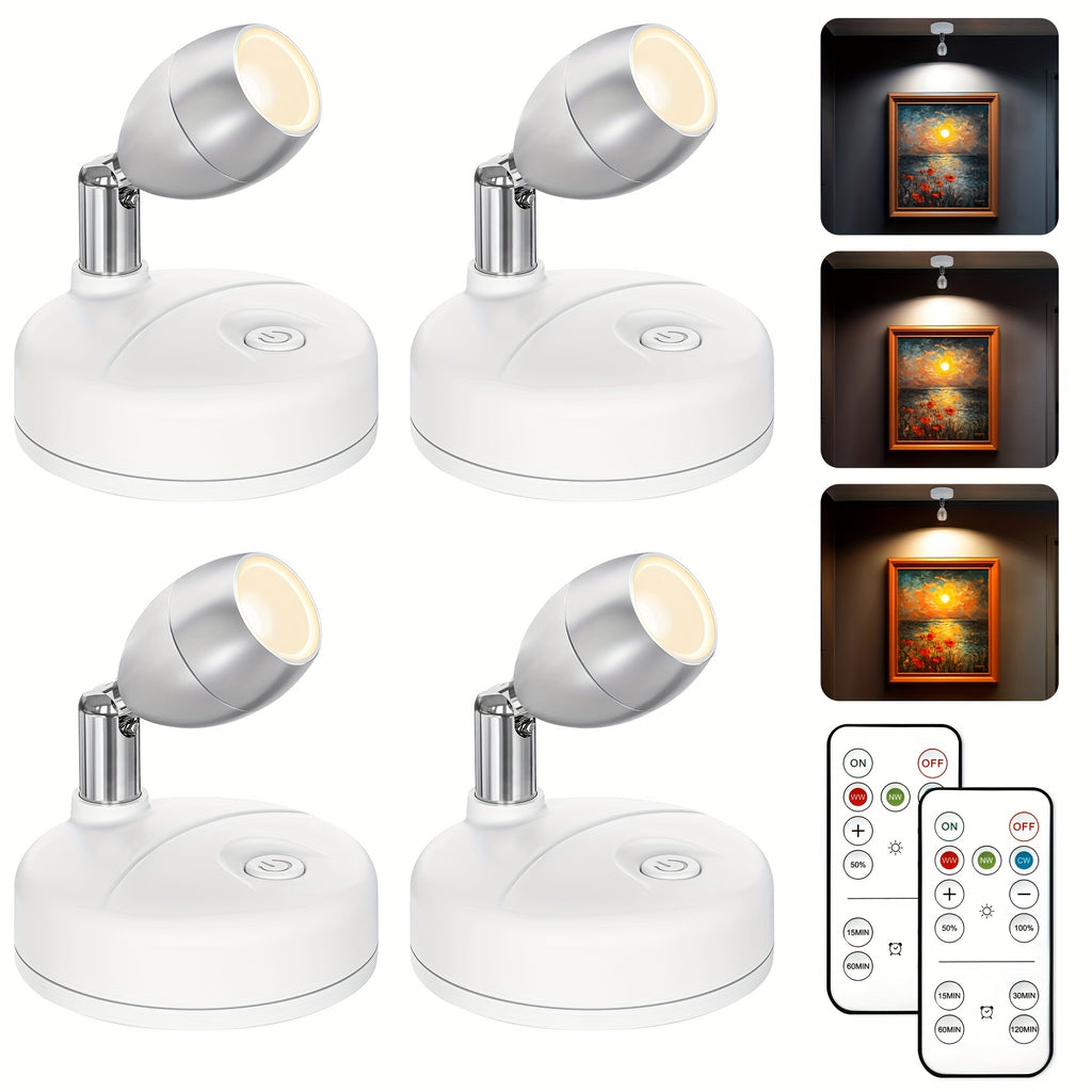 4-pack wireless LED spotlight indoor model, battery-powered plant grow light with 3 color temperatures tree lamp, picture frame light with remote control, white decorative light dedicated to displaying artworks/dartboard
