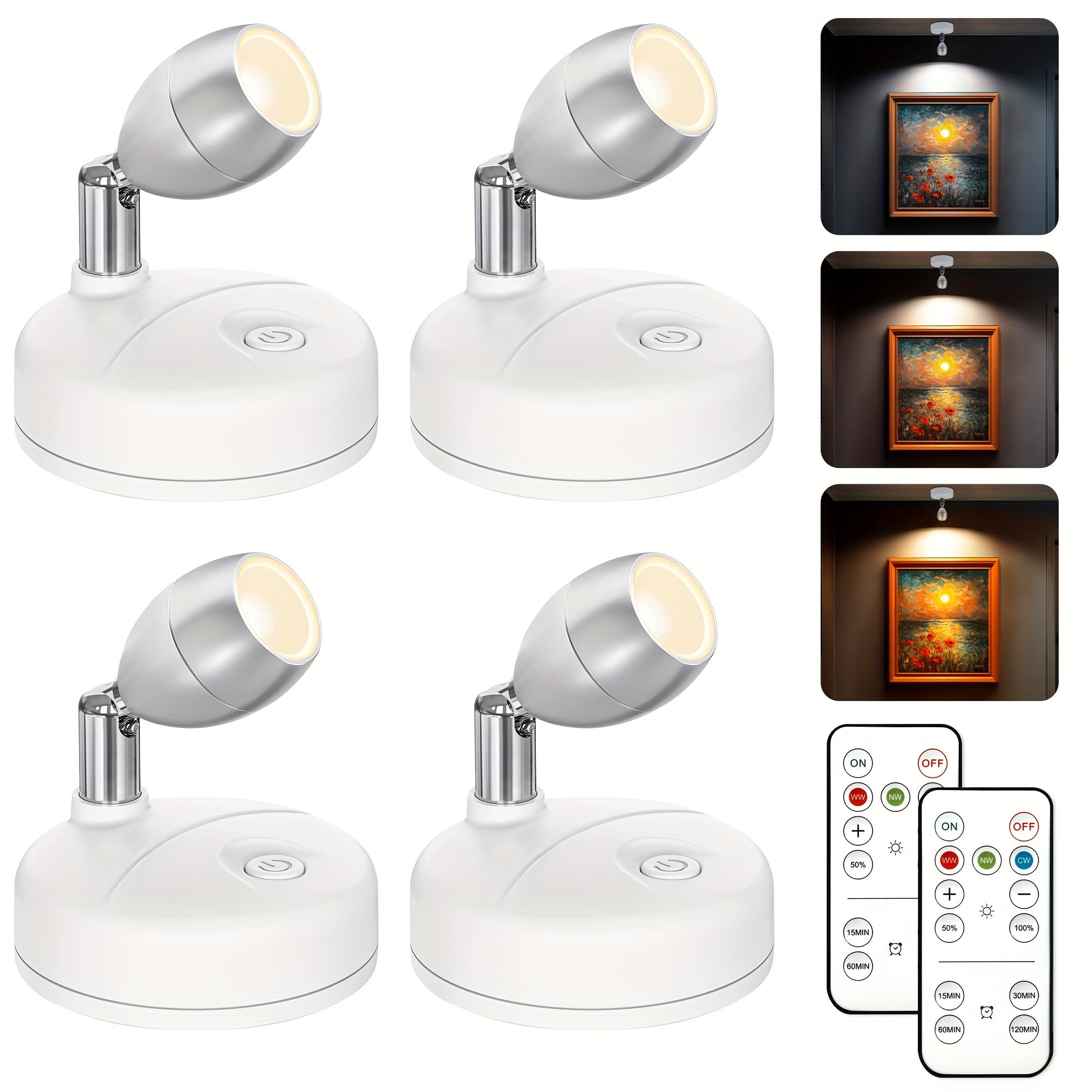 4-pack wireless LED spotlight indoor model, battery-powered plant grow light with 3 color temperatures tree lamp, picture frame light with remote control, white decorative light dedicated to displaying artworks/dartboard