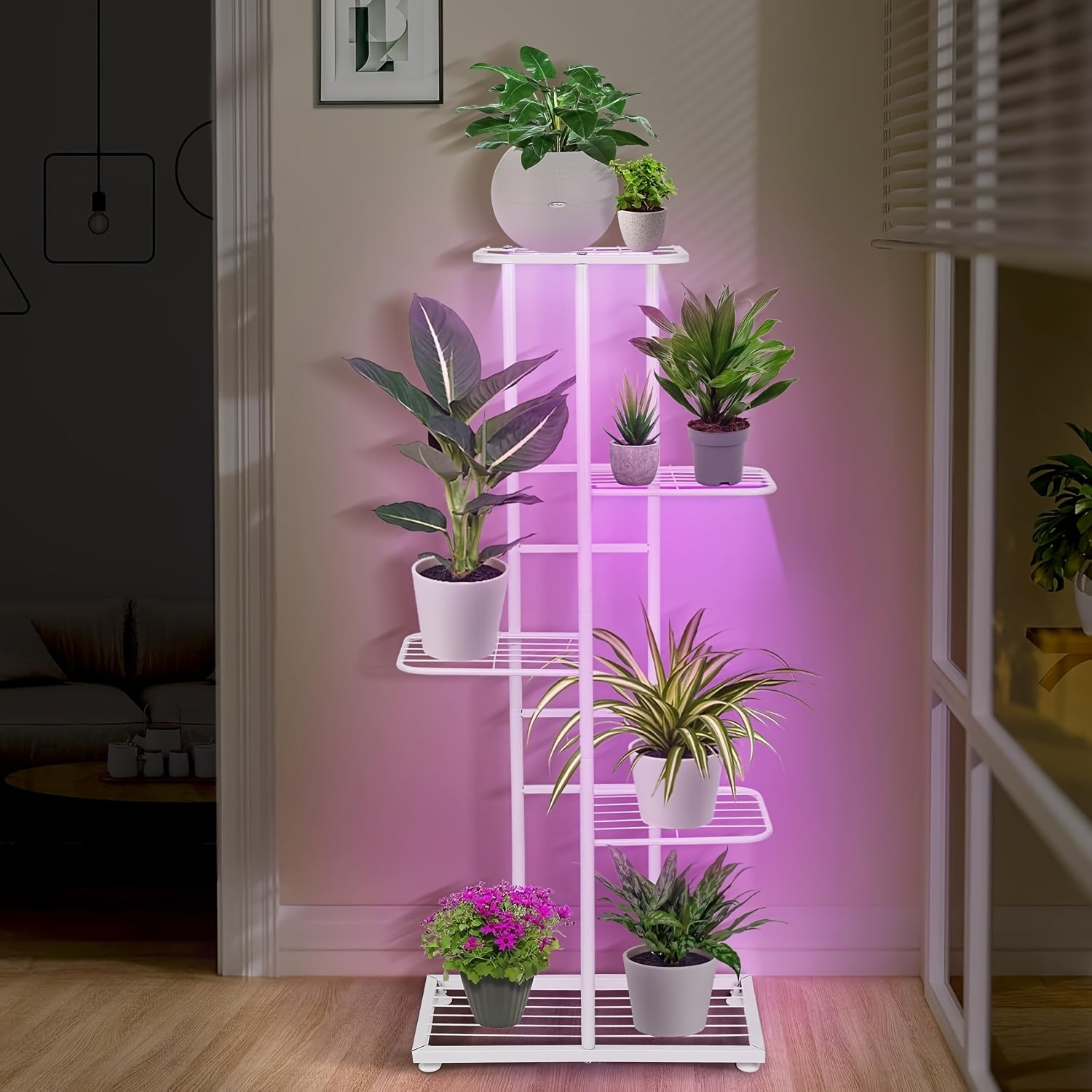 Indoor Plant Stand with Grow Light, 5-Tier 6-Pot Metal Multi-Function Flower Pot Shelf, Display Rack for Courtyard Balcony Living Room Corner Garden