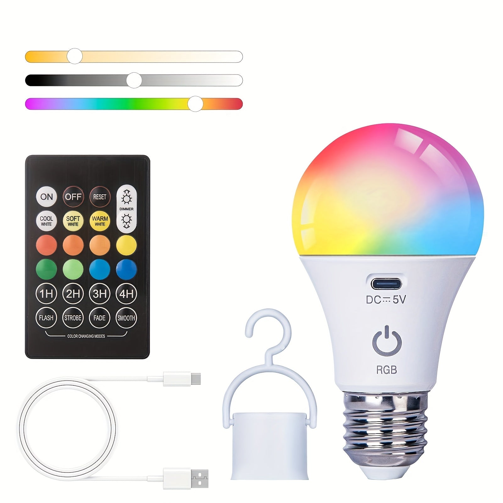 Rechargeable LED bulb with remote control, detachable, ambiance light, table lamp, wall lamp, puck light, emergency light, 15 colors lighting, USB rechargeable LED bulb with hook - portable high brightness, suitable for bedroom, living room
