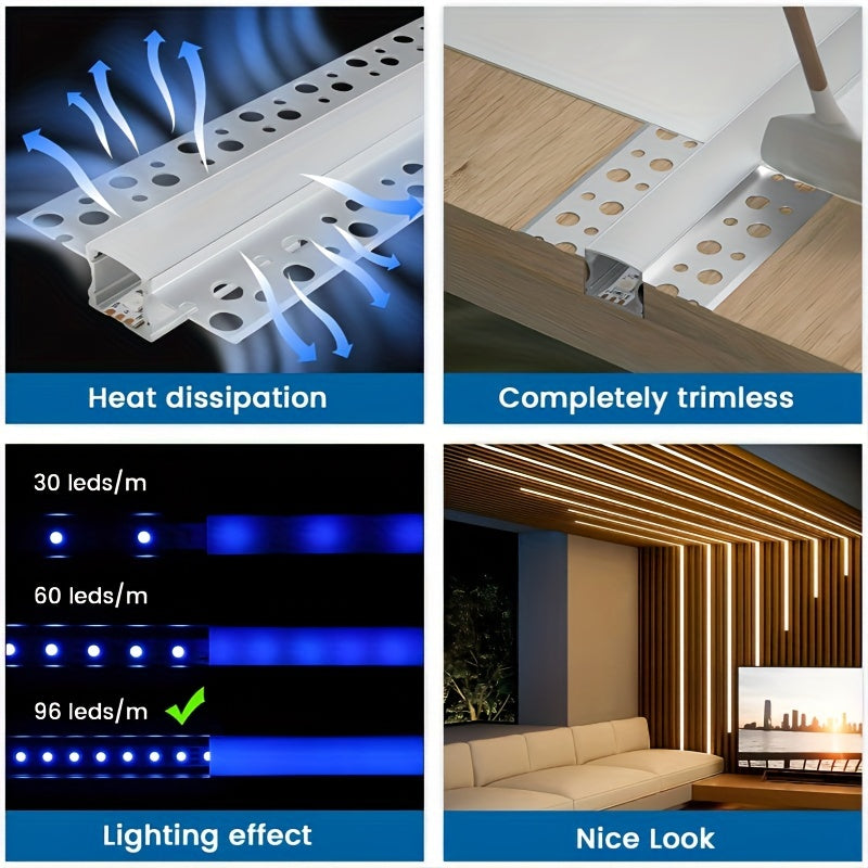 【海运】3.3 英尺/1米 8件装 LED 型材 石膏板暗装 LED 铝通道 LED 灯条扩散器通道,无边嵌入式干墙铝,适用于墙壁和天花板,带乳白色扩散器和端盖