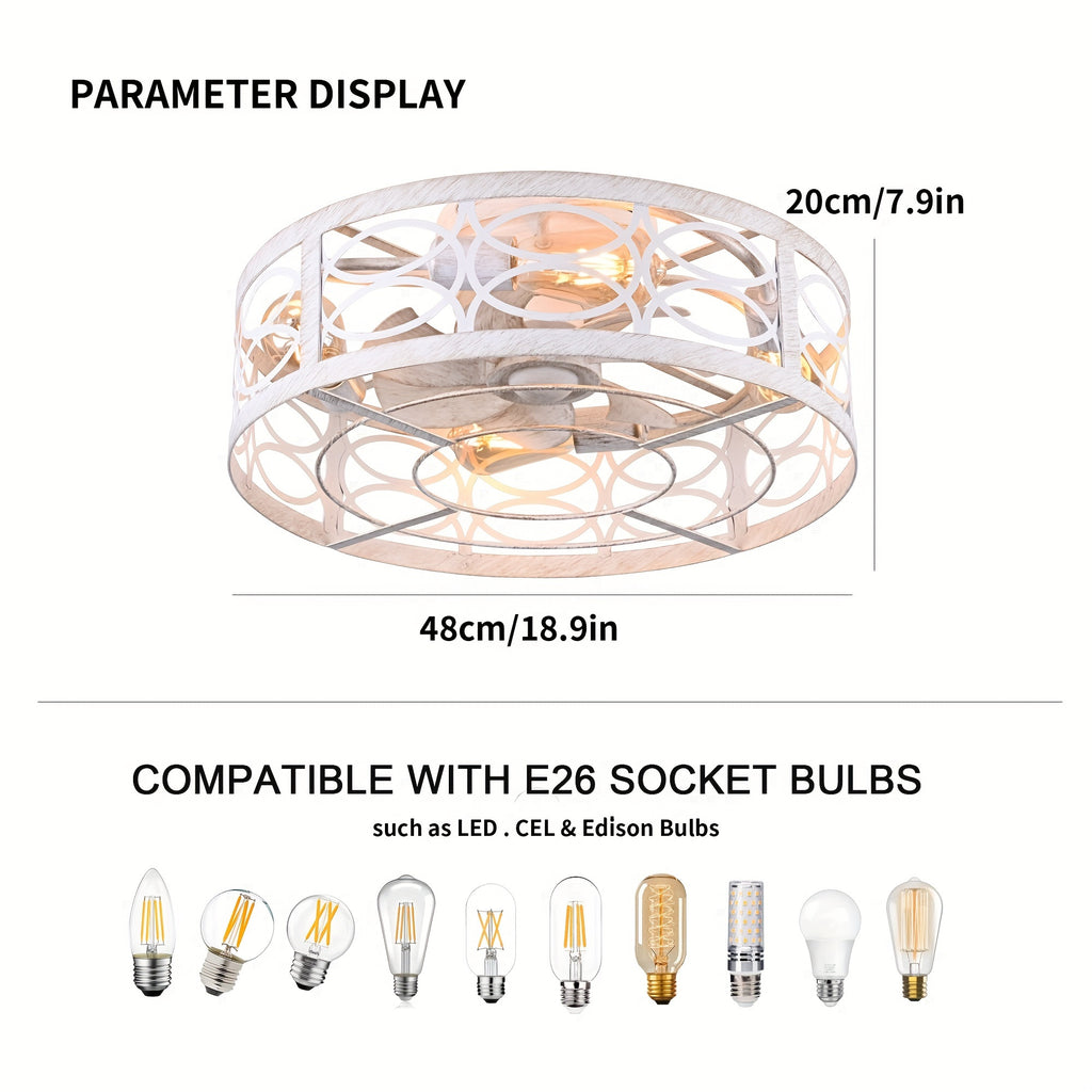 Enker Modern White Industrial Ceiling Fan Light - Remote & IR Control, 7-Blade Silent Motor, 6-Speed Adjustable, E26 Bulb Compatible (Bulb Not Included), Flush Mount for Kitchen, Bedroom, Dining Room - Polished Metal Mesh Cover