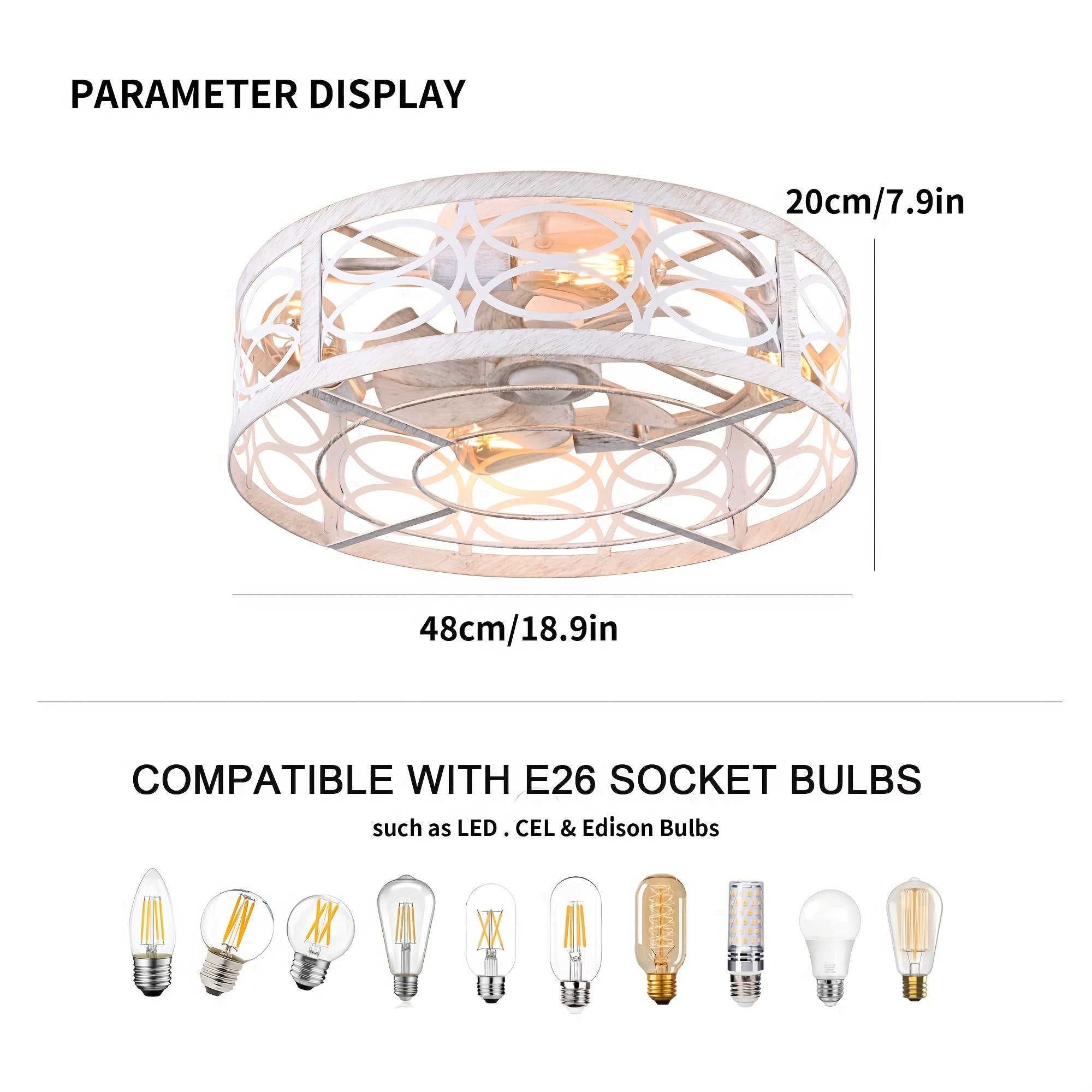 Enker Modern White Industrial Ceiling Fan Light - Remote & IR Control, 7-Blade Silent Motor, 6-Speed Adjustable, E26 Bulb Compatible (Bulb Not Included), Flush Mount for Kitchen, Bedroom, Dining Room - Polished Metal Mesh Cover
