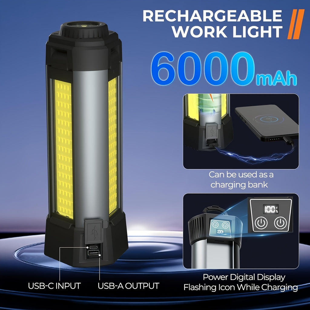 LED work light with tripod, 6000mAh battery, rechargeable flashlight, magnetic base, 10 lighting modes, portable camping light, rotating spotlight, suitable for commercial use, auto repair, garage work