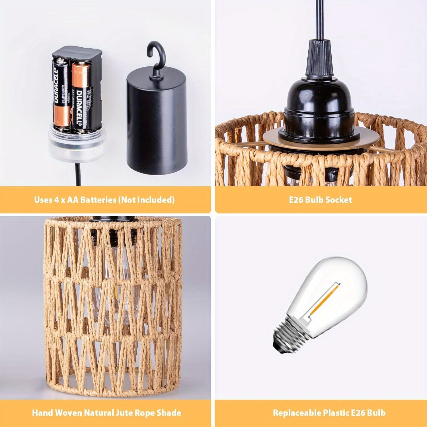 Battery-powered pendant light, battery hanging lantern, rattan light with warm white bulb, powered by 4 AA batteries, suitable for gazebo, pergola, porch, patio, outdoor and indoor decoration