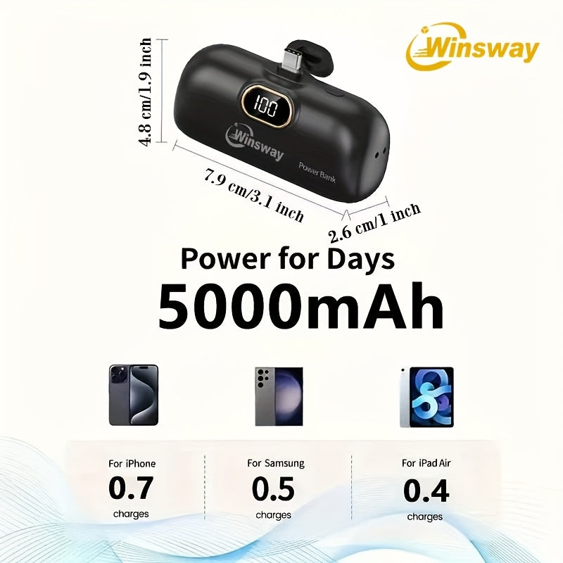 威斯威 5000mAh 便攜式電源銀行 Type-C 膠囊無線快速充電緊湊型便攜式金屬尾插升級堅固適用於手機 17/16/16 Plus/15 Pro/15 Pro Max/Pad Pro/Android 手機