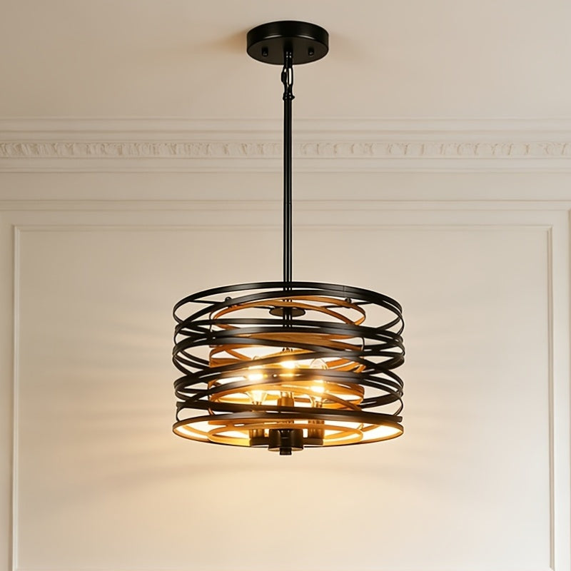Adjustable Height Industrial Spiral Pendant Light, 3-Light Black Drum Cage Pendant Light with Sloped Ceiling Adapter, Modern Rustic Style Lighting Fixture, Suitable for Dining Room Hall, E12 Socket (Bulb Not Included)