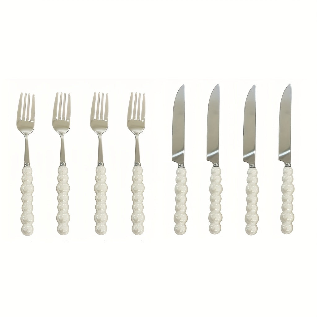 8/12/16Pcs Ceramic Handle Cutlery Set, Stainless Steel Knife Fork Spoon Set, Novel Creative Pearl-Shaped Handle Fork, Soup Spoon, Rice Spoon, Perfect for Restaurant & Home Dining, Kitchen Supplies, Kitchen Accessories, Kitchen Utensil Set