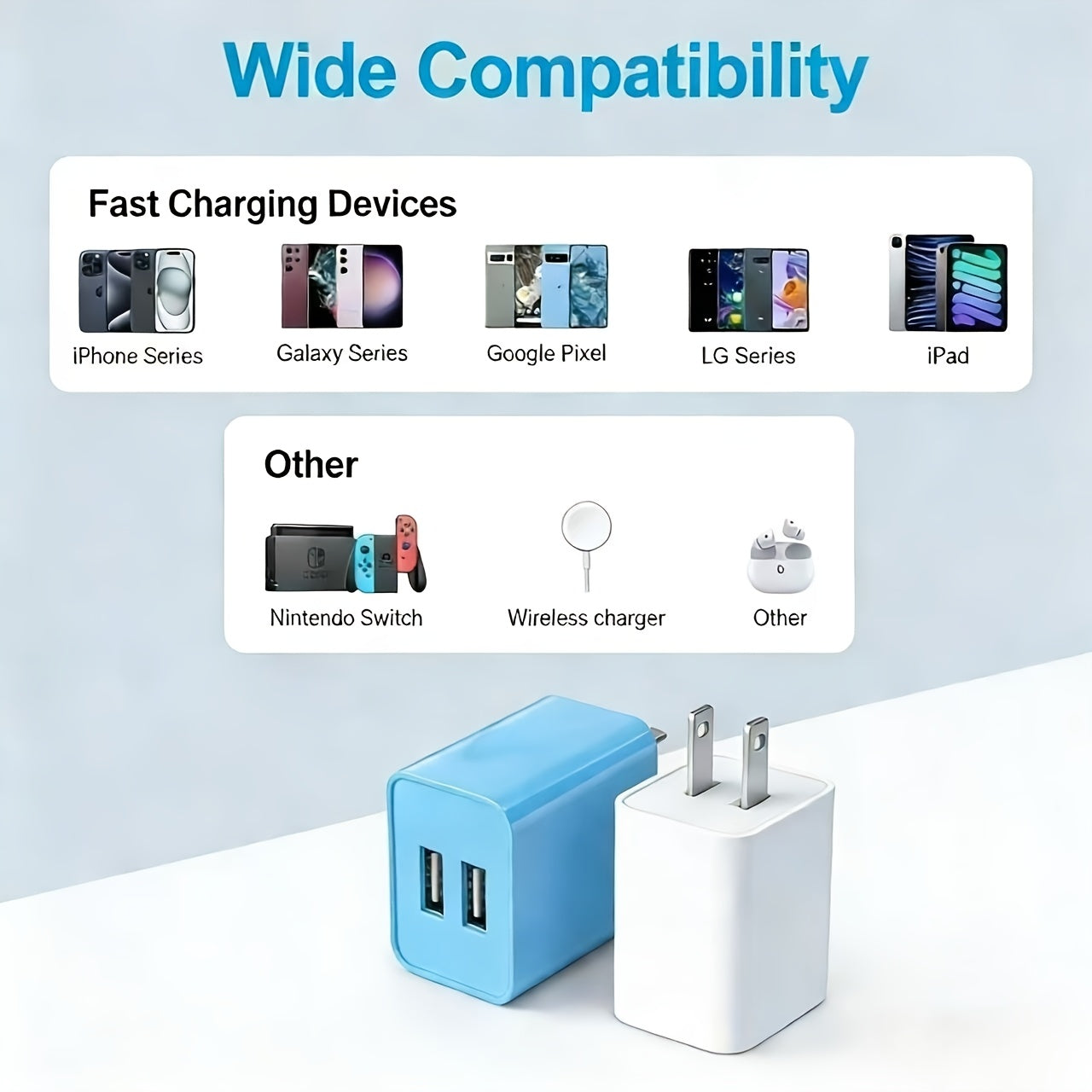Dual Port Charger with 5V2A Output, Includes a 10 USB Wall Charger, Comes in a 2-Pack USB Adapter, Compatible with for Ipad And Iphone Models 15 Through 5, As Well As Samsung Galaxy S Series, LG, HTC, Moto, Kindle