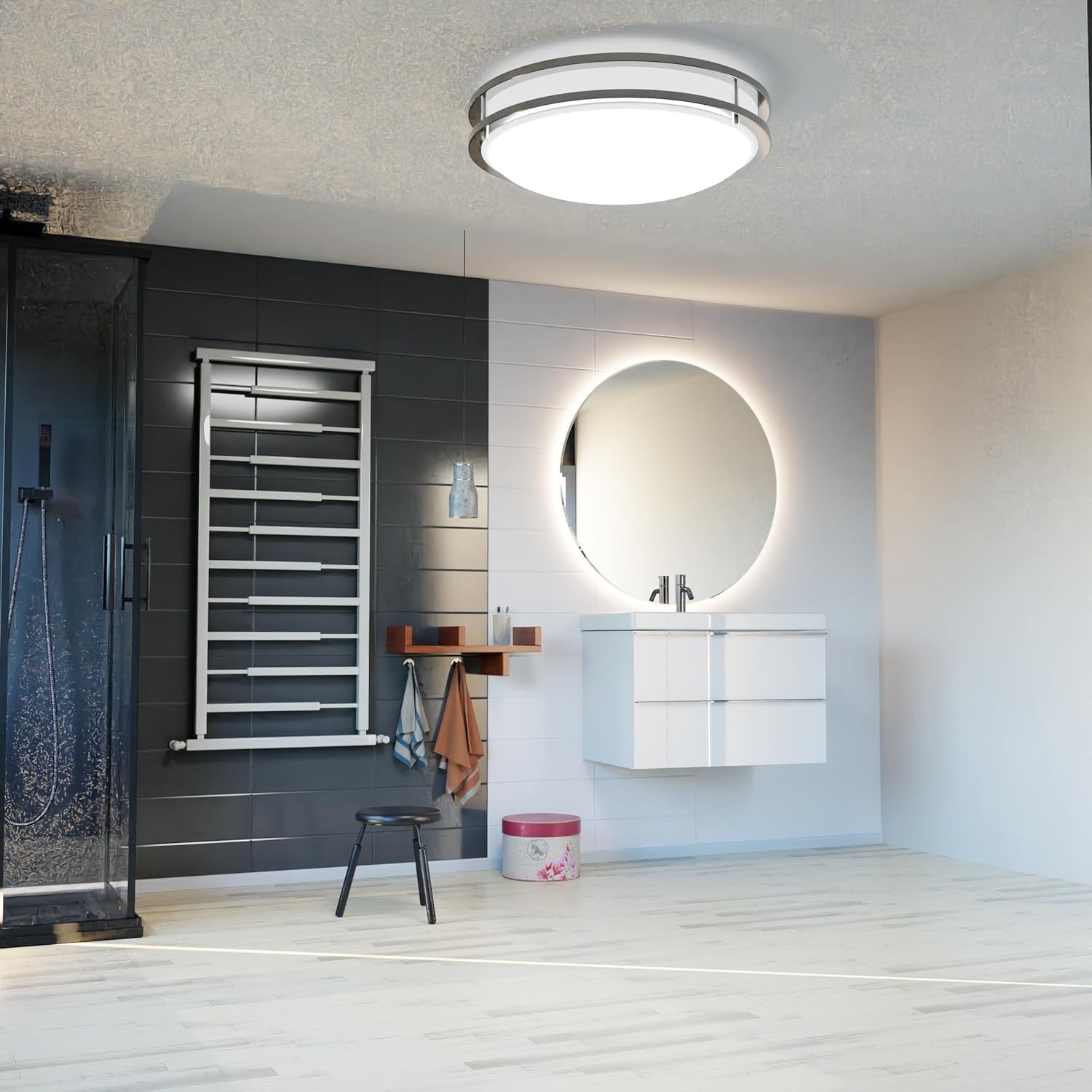 12-Inch Dual Ring Dimmable LED Ceiling Light, 15W (Equivalent to 95W), 1050 Lumens, 3000K Warm White Light, Silver Finish Steel, Commercial or Residential Use, 2/4-Pack