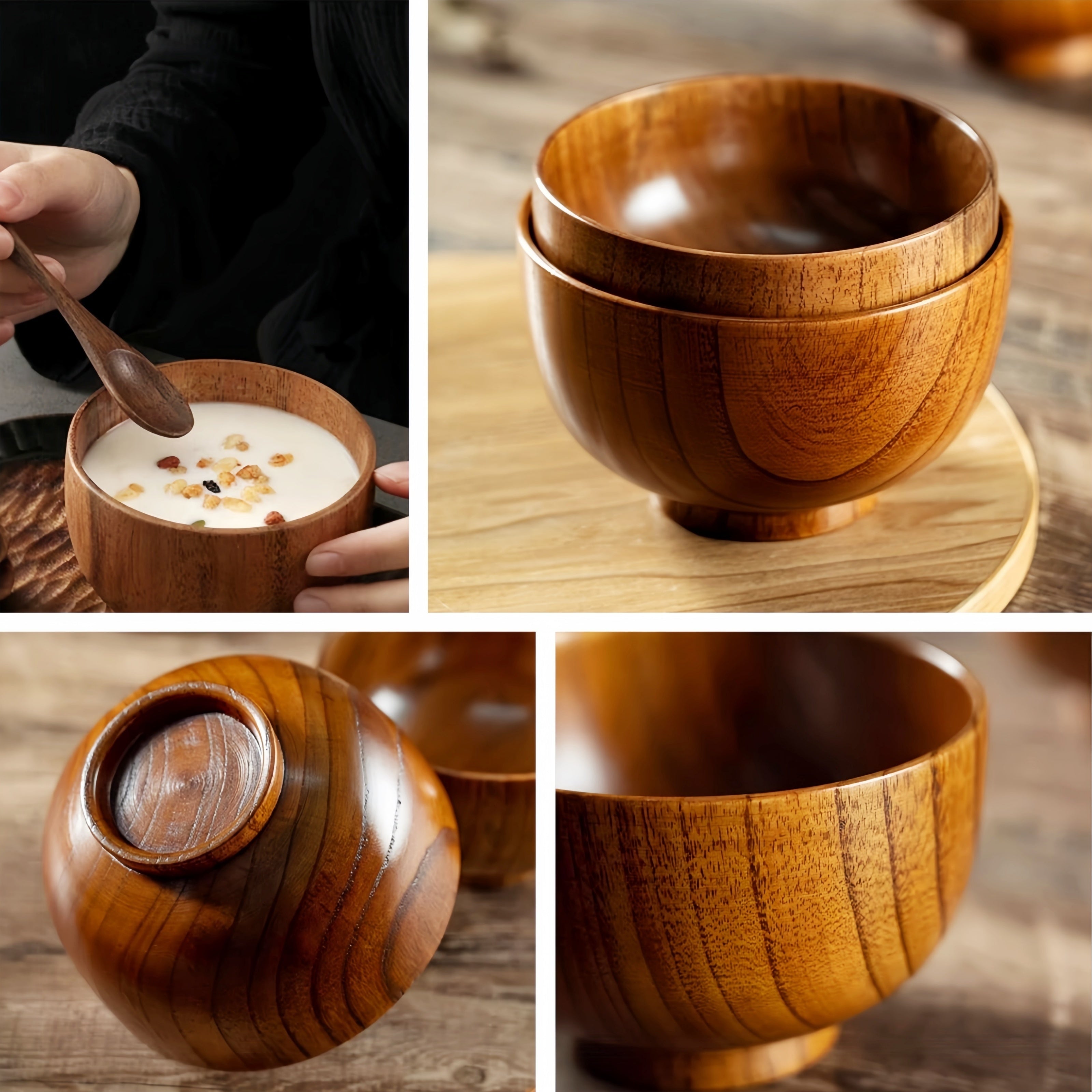 Japanese Vintage Solid Wood Bowl – Anti-Scald Protection for Home Use, Travel & Takeout Camping Drop-Proof Bowl, Kitchen Utensil – Rice Bowl, Noodle Bowl, Soup Bowl, Salad Bowl, Fruit Bowl, Jam Wooden Bowl