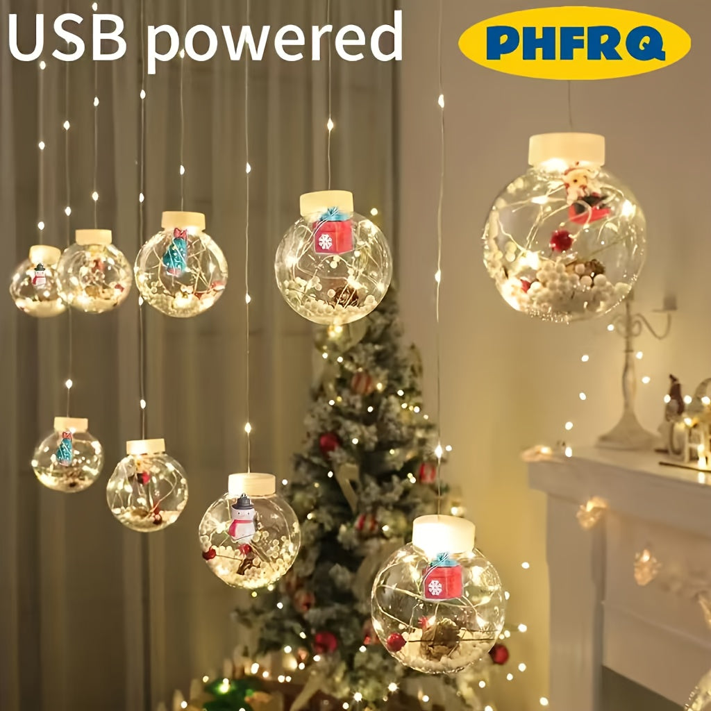 PHFRQ - 聖誕節 LED 燈串，帶有聖誕老人、馴鹿和雪人，8 種模式，USB 供電，優雅風格，彩色節日 LED 燈，無需電池，適合臥室、酒店窗戶展示、仙女燈，彩色燈光，暖光，聖誕節燈串，聖誕節燈，復古玻璃球，懸掛裝飾，電池玻璃球，房間裝飾，臥室仙女燈，裝飾用 LED 燈