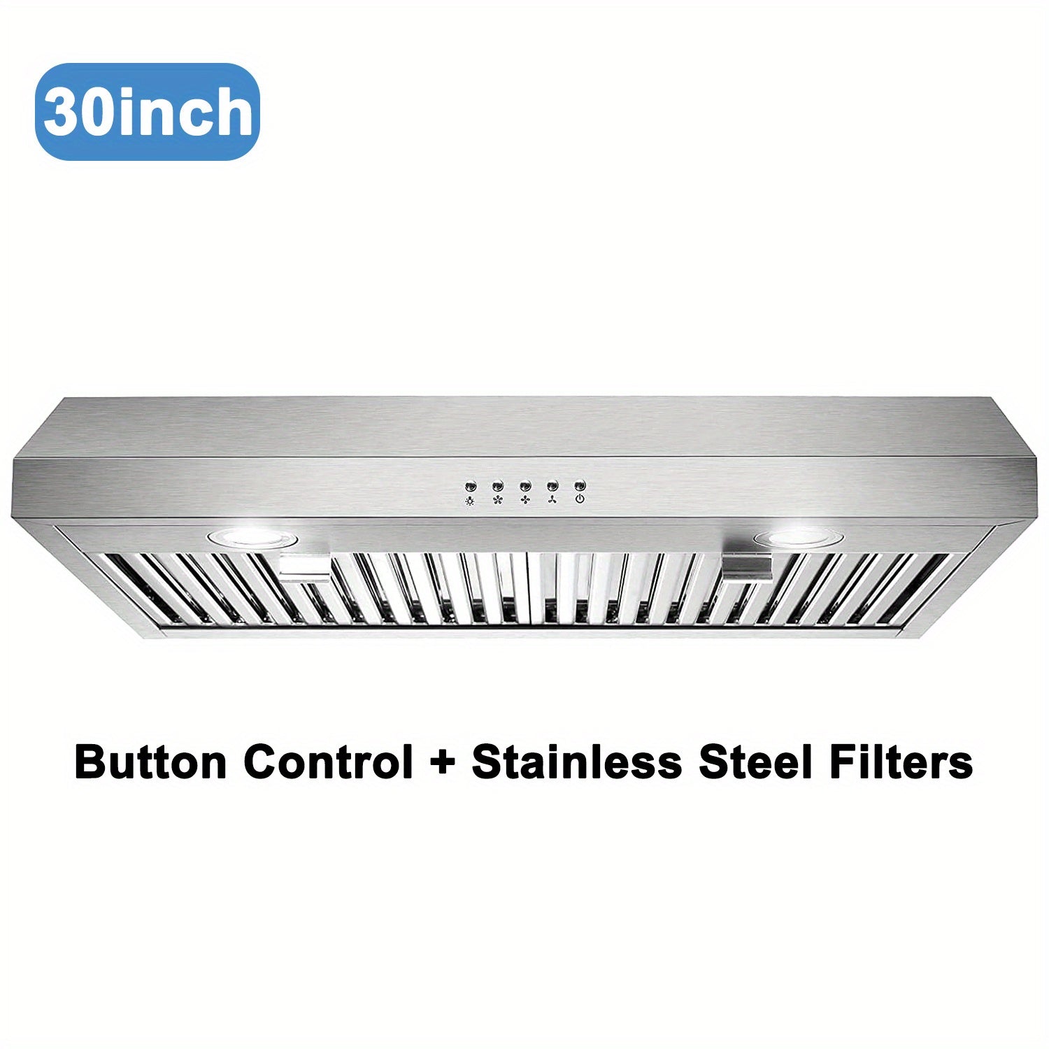 30-Inch Under-Cabinet Range Hood, 600 CFM Stainless Steel Kitchen Exhaust Fan, 3-Way Exhaust System, 2 LED Lights, Button/Touch Control
