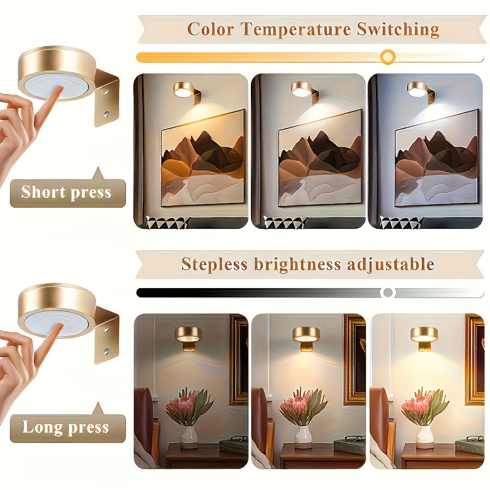 En: Black/Gold Round Smart LED Painting Light, Battery Operated (Battery Not Included), Remote Control Dimmable Timable Lamp for Photo Frame Art Portrait Home Wall Decor