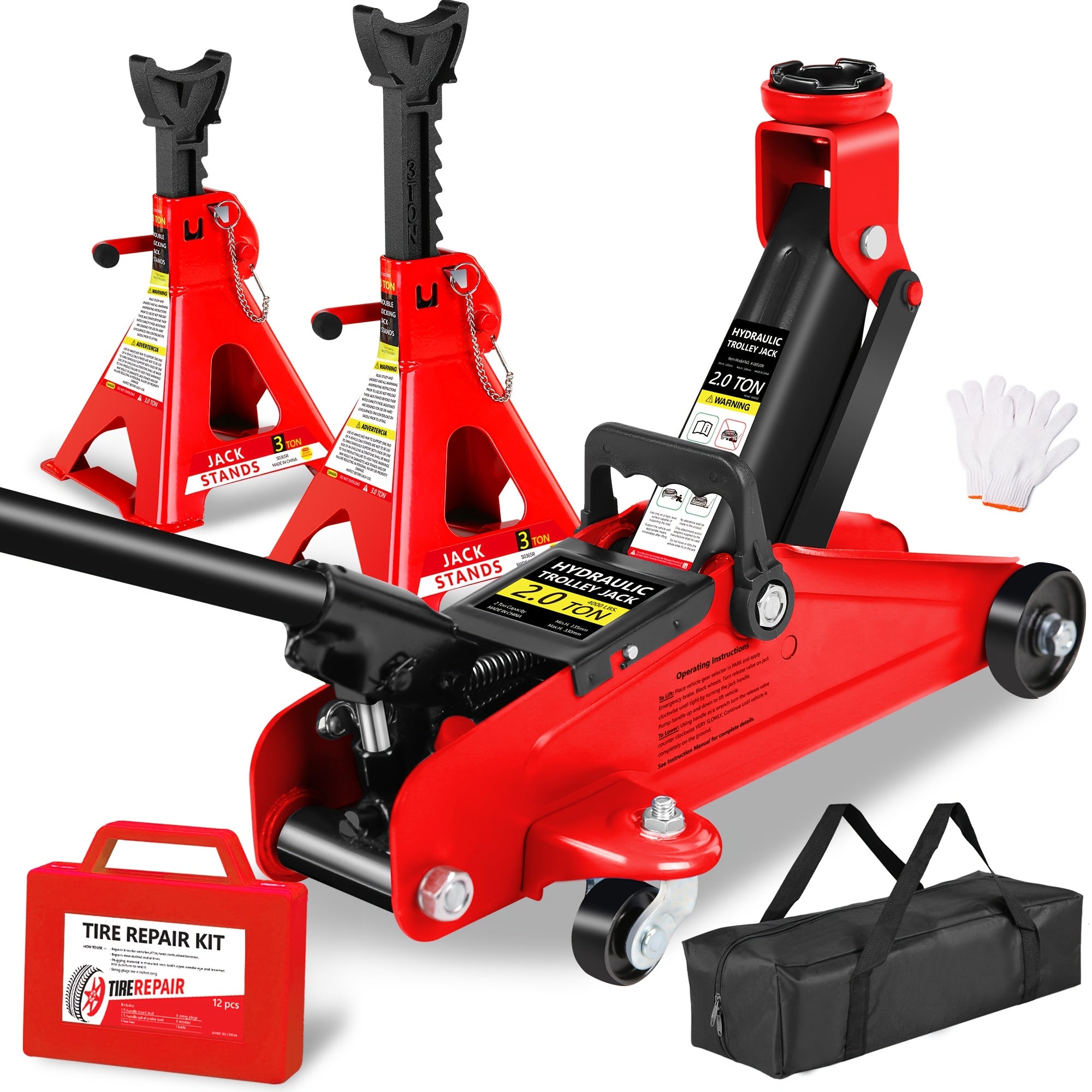 2/2.5/3 Ton Capacity Low-Profile Garage Hydraulic Jack Combo Kit, Optional: 2 Ratchet-Type 3-Ton Jack Stands, Tire Repair Tool Kit, 14-Inch Lug Wrench, Wheel Chocks for SUV/Sedan/Truck