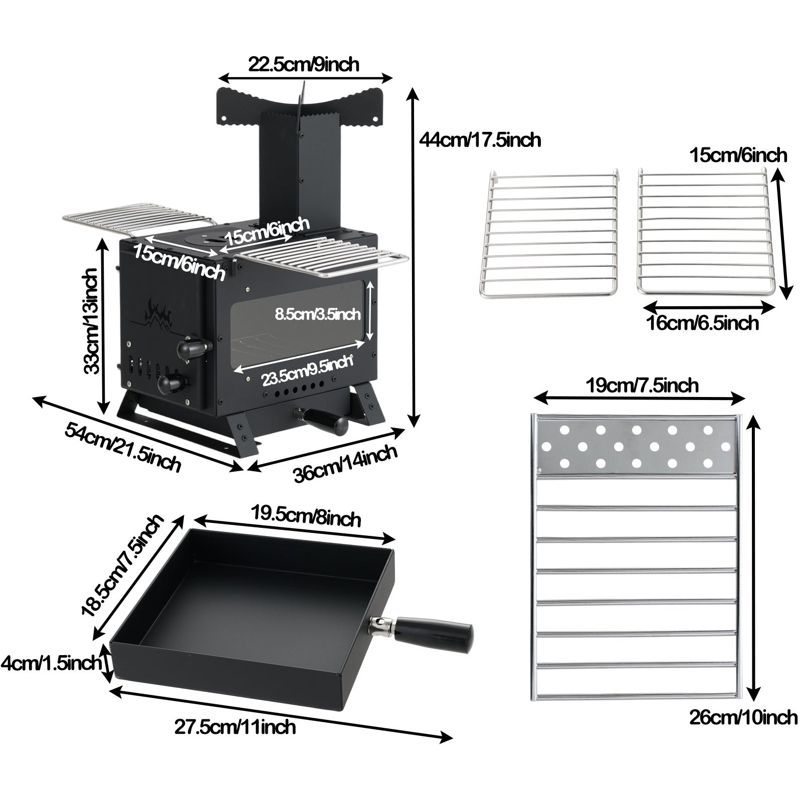 COSTWAY Compact Heating Burner with Glass Window, Portable Wood Burning Stove with Griddle, Dual Grill Racks & Pot Stand, Outdoor Wood Burner for BBQ, Party, Camping & Picnic/