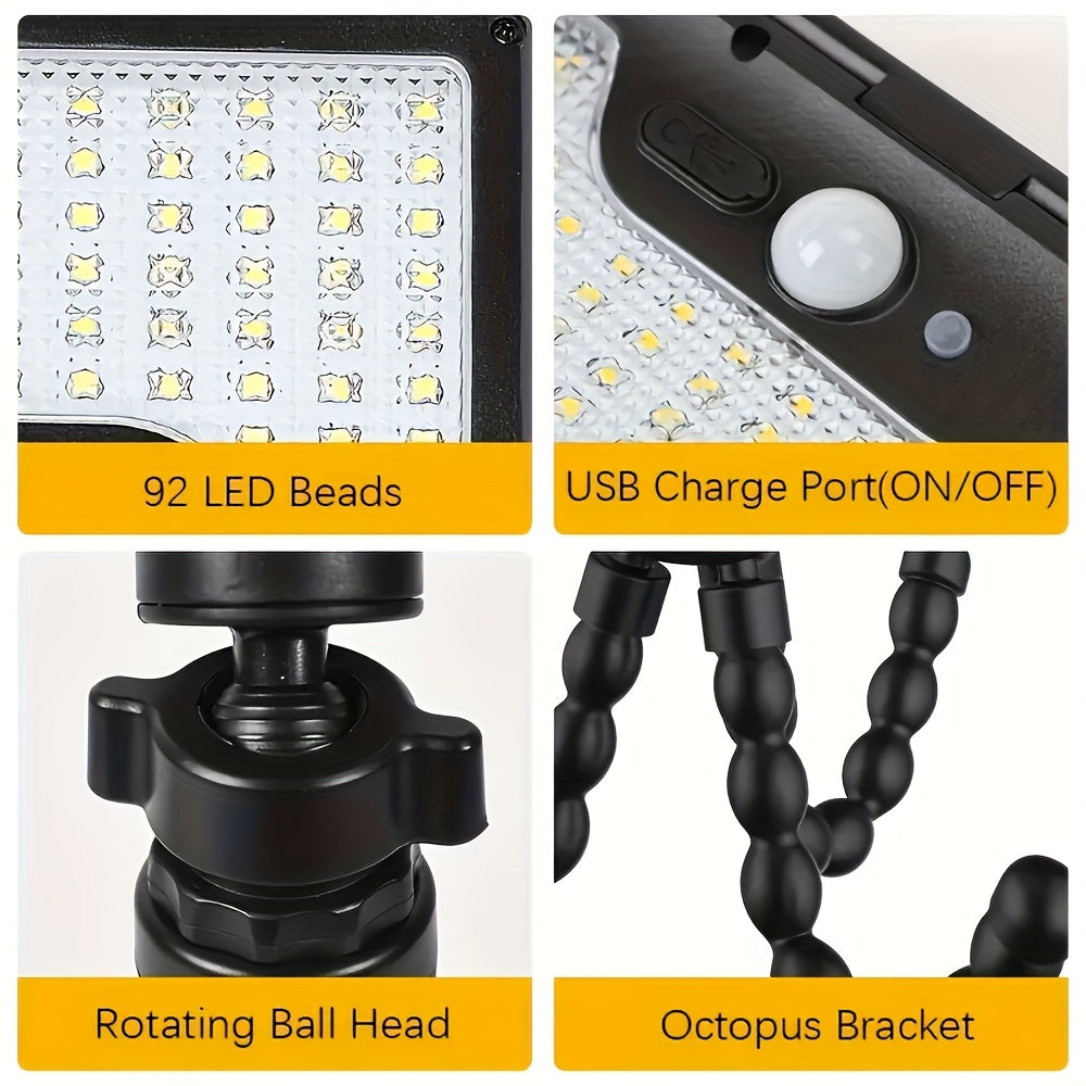 1PC Commercial Street Solar Motion Sensor Light, Solar Wall Light with Foldable Flexible Bracket, 92LED Street Light, 3 Modes Auto On/Off, Perfect for Outdoor Tree Branches, Tents, Camping, Tabletops, Walls, Streets, Garden Security Lighting