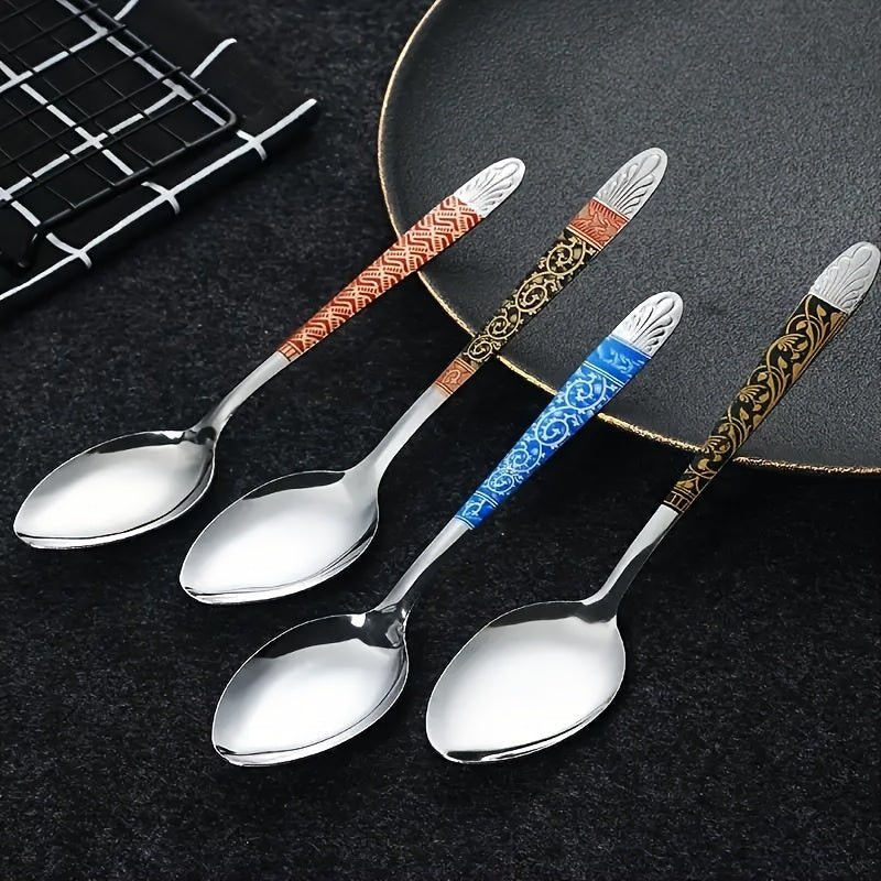 10-Piece Set Multi-Color Stainless Steel Retro Printed Soup Spoon – Elegant Cutlery Set, Sturdy & Durable, Easy to Clean, Simple Milk Spoon, Modern Stirring Spoon, Reusable Spoons