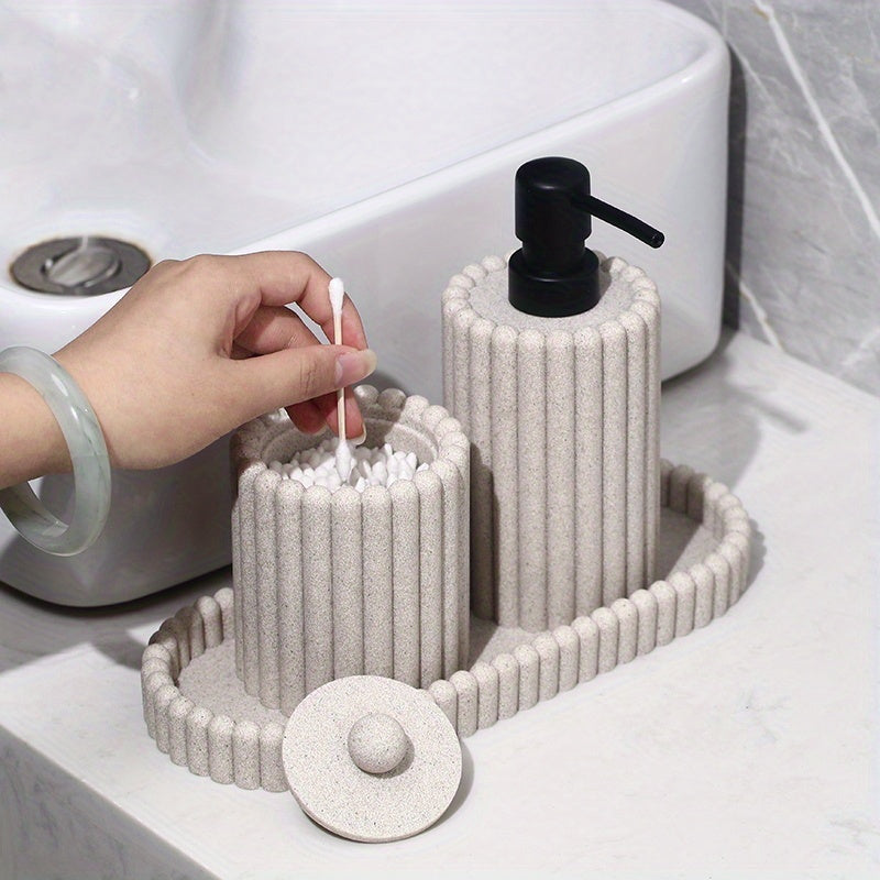 Cool Black Resin Bathroom Accessories & Toiletry Set - Includes Lotion Bottle, Storage Box & Tray, Multiple Colors Available, Vertical Stripe Rounded Design, Stylish & Textured