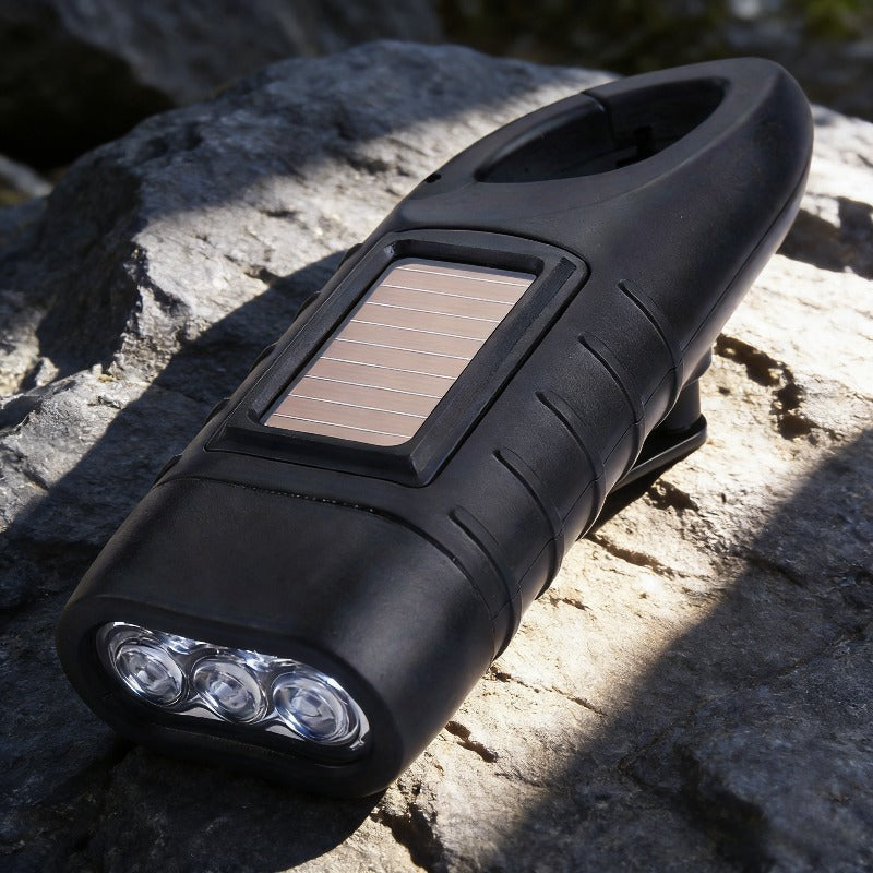 Hand-Crank & Solar Powered Emergency Flashlight, Portable LED Light with Carabiner Clip, Ideal for Camping & Hiking, IP66 Protection Rating