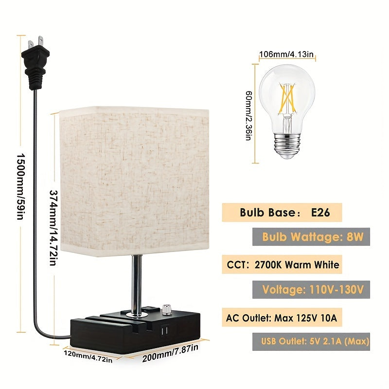 Dimmable table lamp bedroom dual USB port bedside lamp for nightstand counter lamp with charging station, 2 power outlets, fabric lampshade, LED bulb