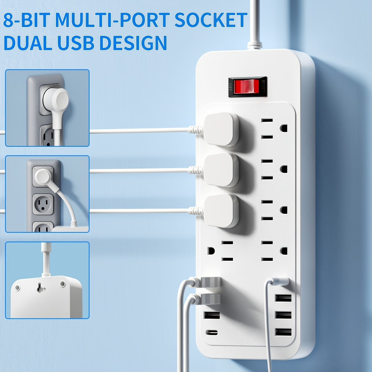 0.26Ft And 5.9Ft 16-In-1 Power Outlet with Surge Protection And Multiple Outlet Extension Cords with 8AC Outlets, 6 USB Ports And 2 Type-C Ports On/Off Control Buttons. Available in Black And White. Ideal for Offices, Kitchens