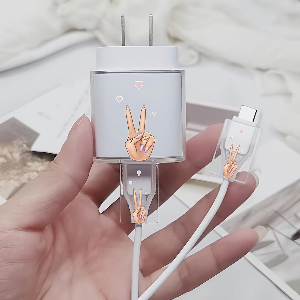 3pcs Set Scissor Hand Heart Pattern, TPU Transparent Charger Protector, Compatible with SAMSUNG Galaxy, 25W Charging Cable and Wall Charger Protection Kit, with Cable Organizer for Gift