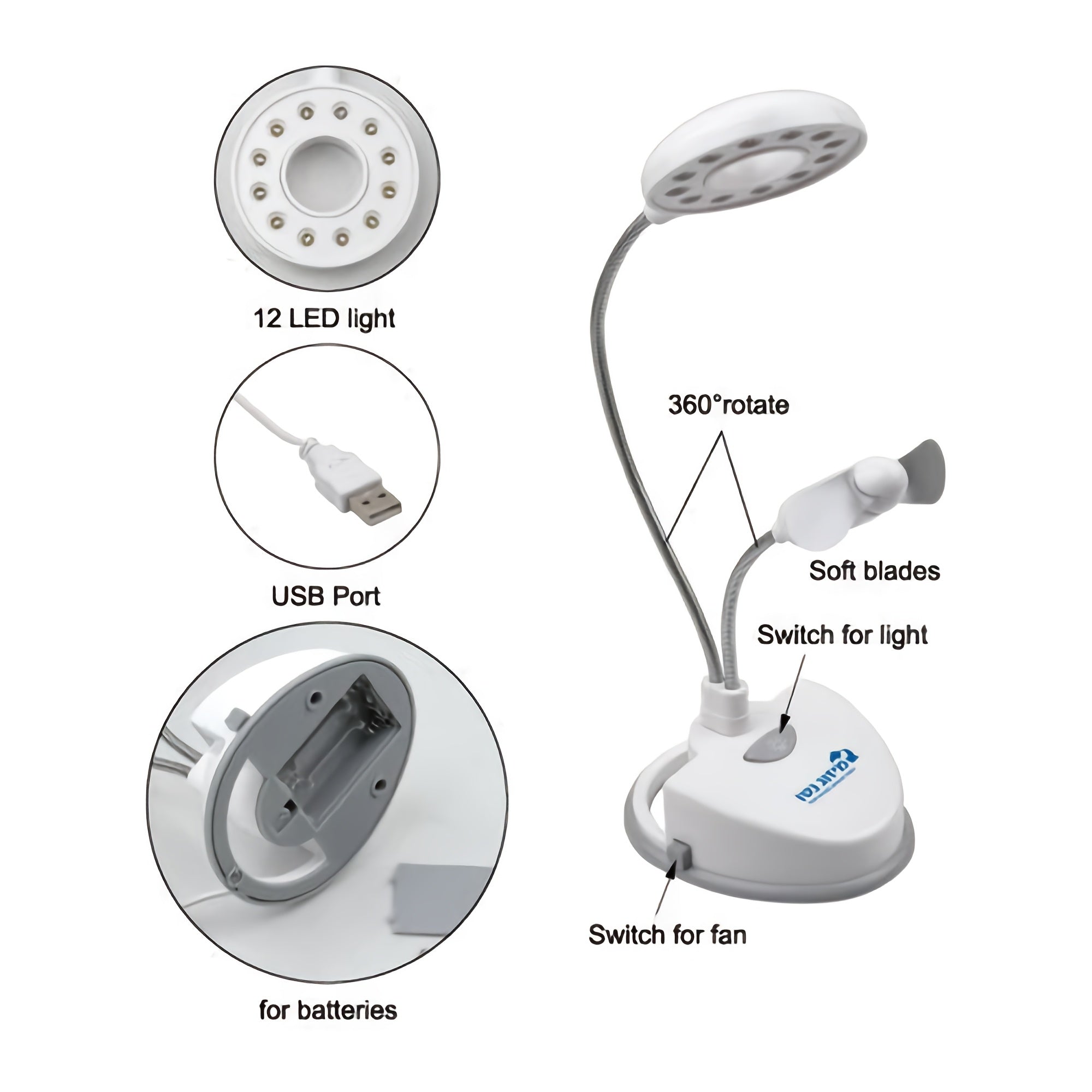 2-in-1 Portable Desk Lamp with Mini Fan, 12 LED Flexible Dual Gooseneck Table Light, Battery or USB Powered, Compact Desktop Accessory for Reading, Study, Office and Dormitory